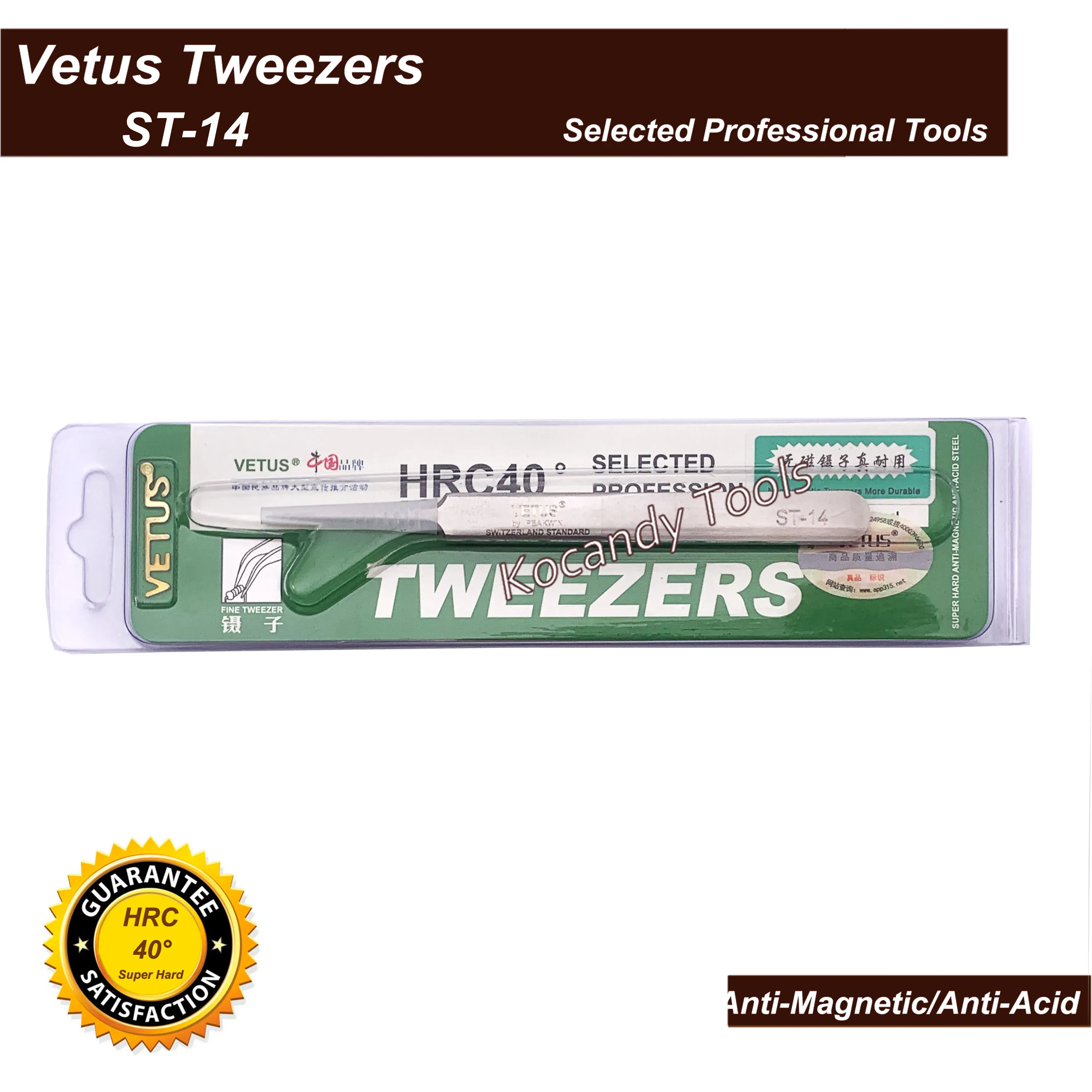 Tweezers beside a green anti-magnetic sleeve and model chart