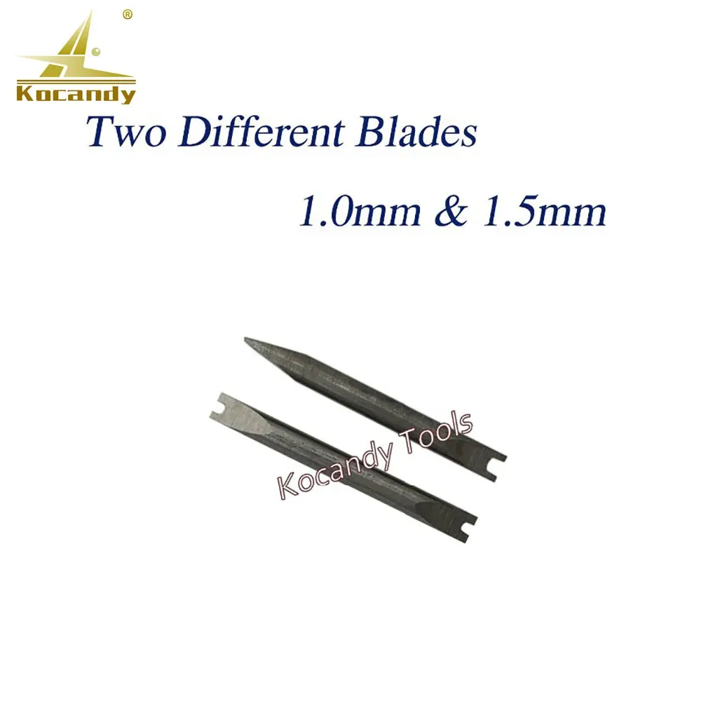 Close-up of two different screwdriver blades labelled 1.0mm and 1.5mm