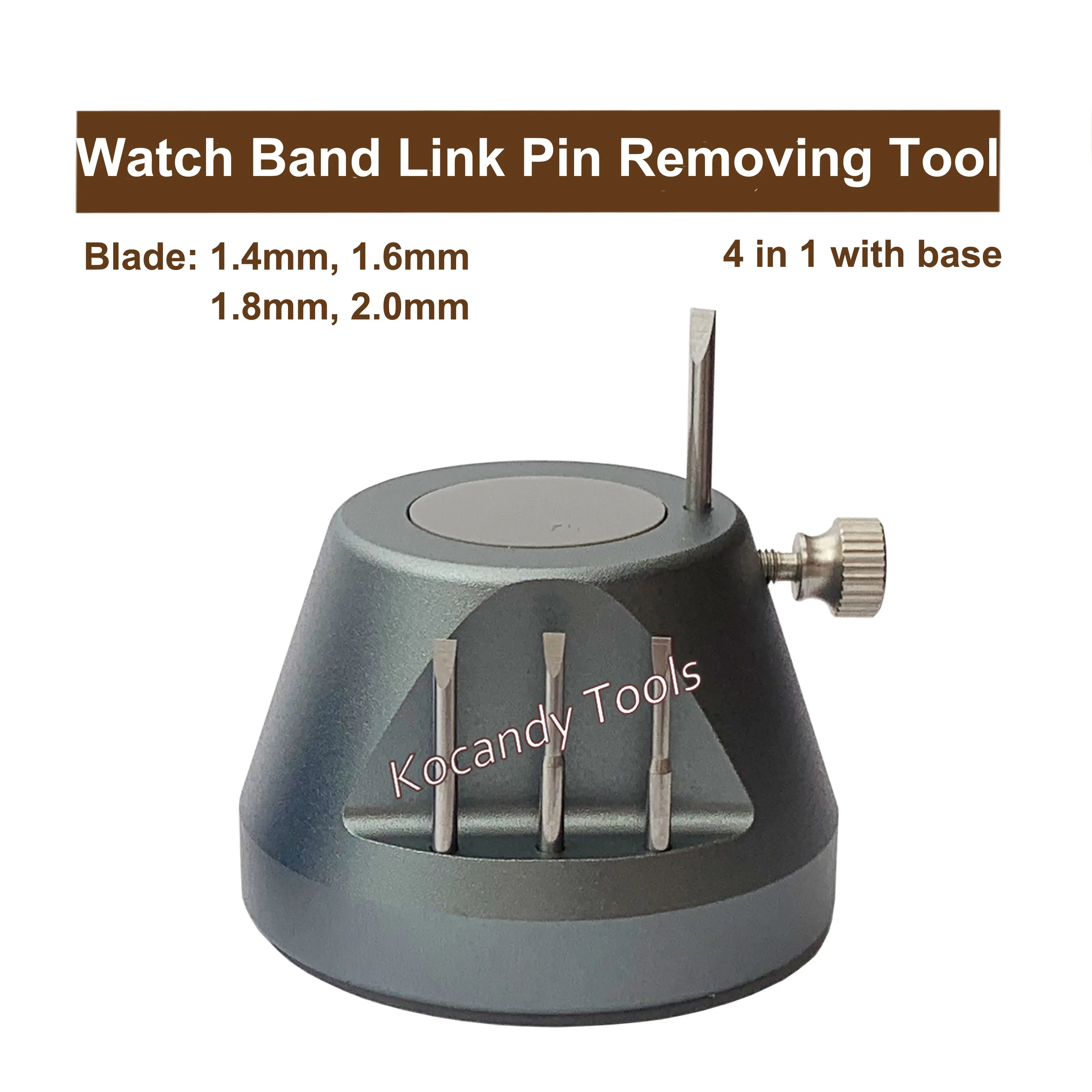 Gunmetal grey pin remover stand with spare tips alongside