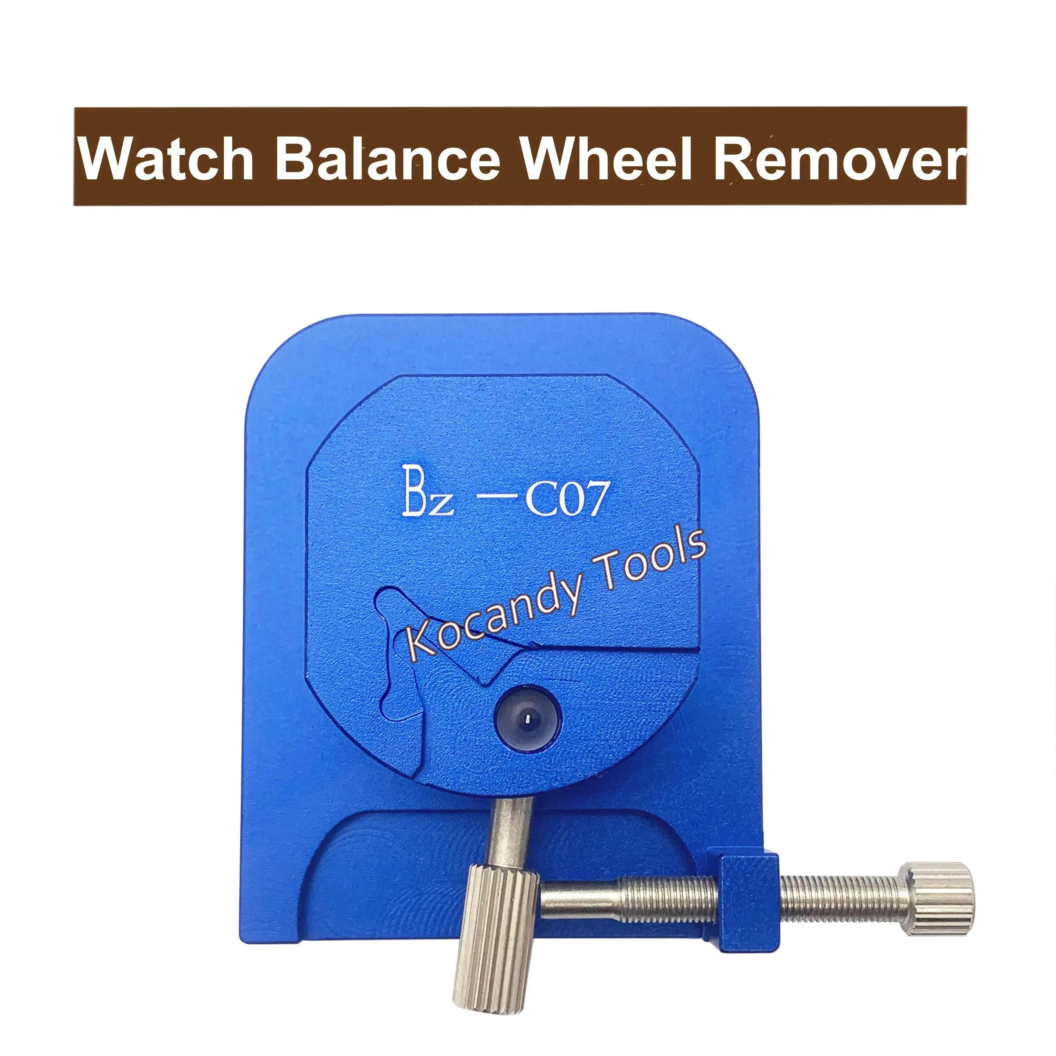Blue balance wheel remover tool with brass screw handle marked 5-117