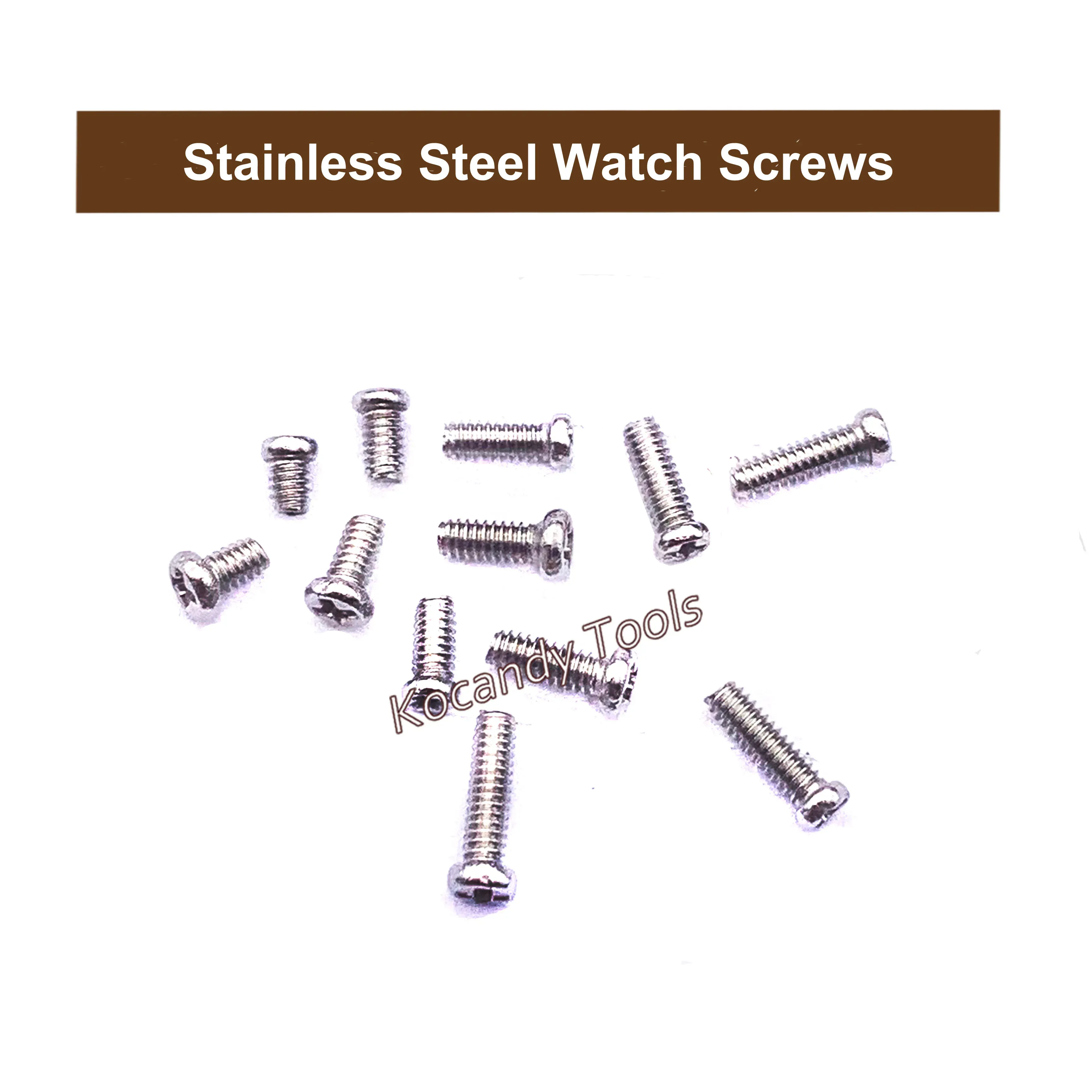 Loose stainless steel screws with a 2.0 x 1.2 x 4.5mm label