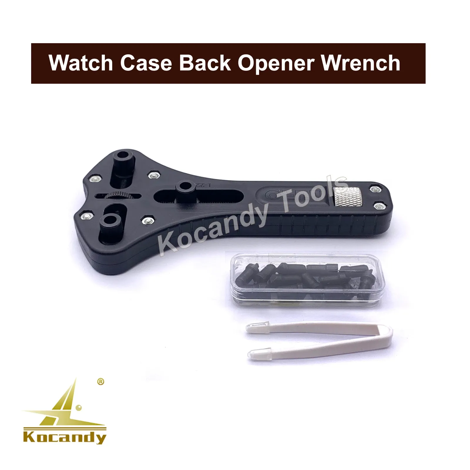 Black-handled wrench with dies and two fixing pins on white