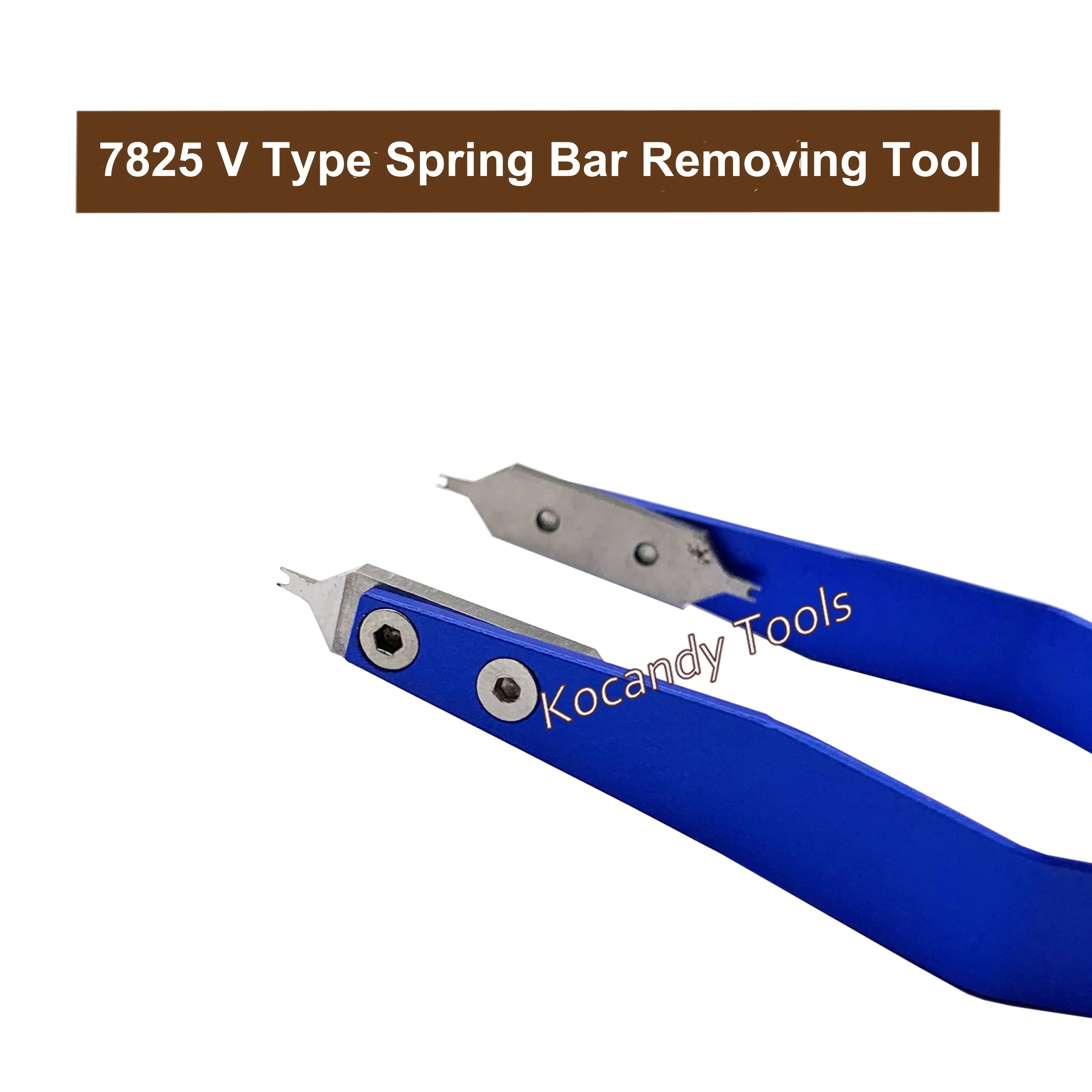 Blue spring bar pliers opened to show the V-shaped jaw