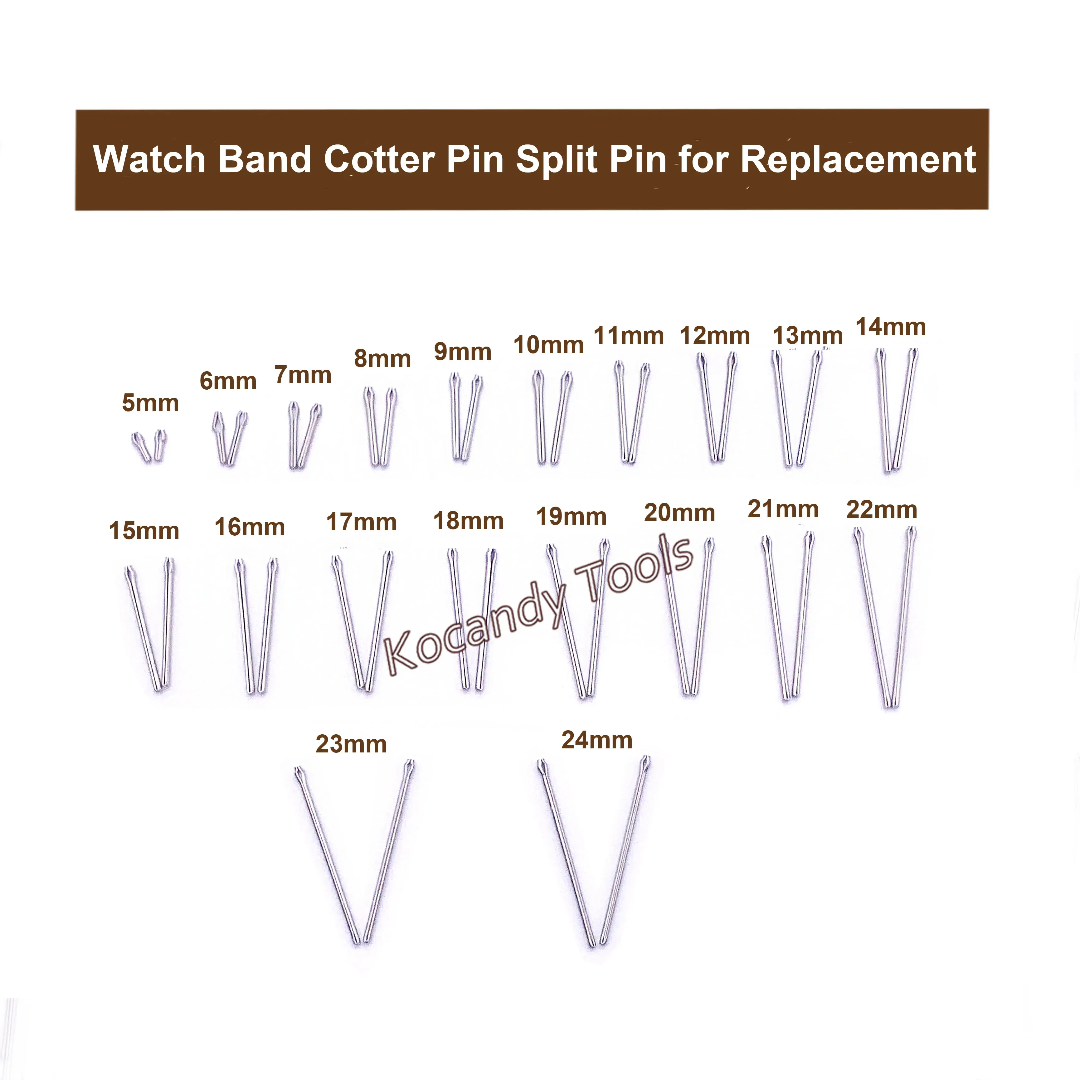 Watch band link pins arranged in a row labelled length 8mm