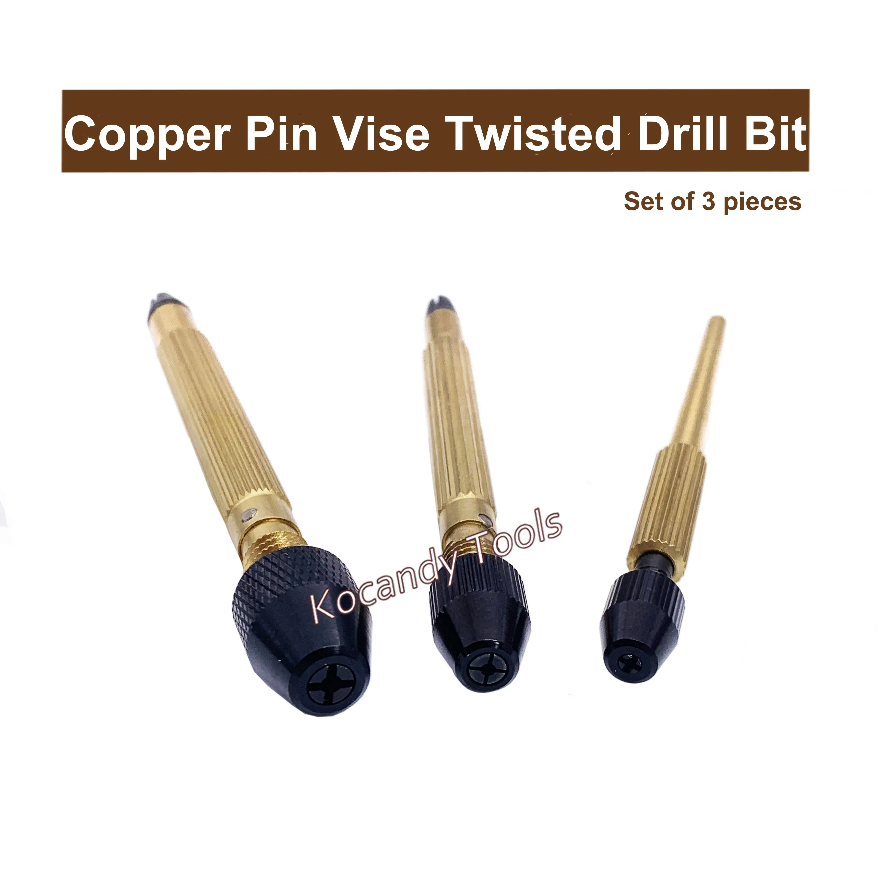 Three copper pin vise hand drills lying with black heads