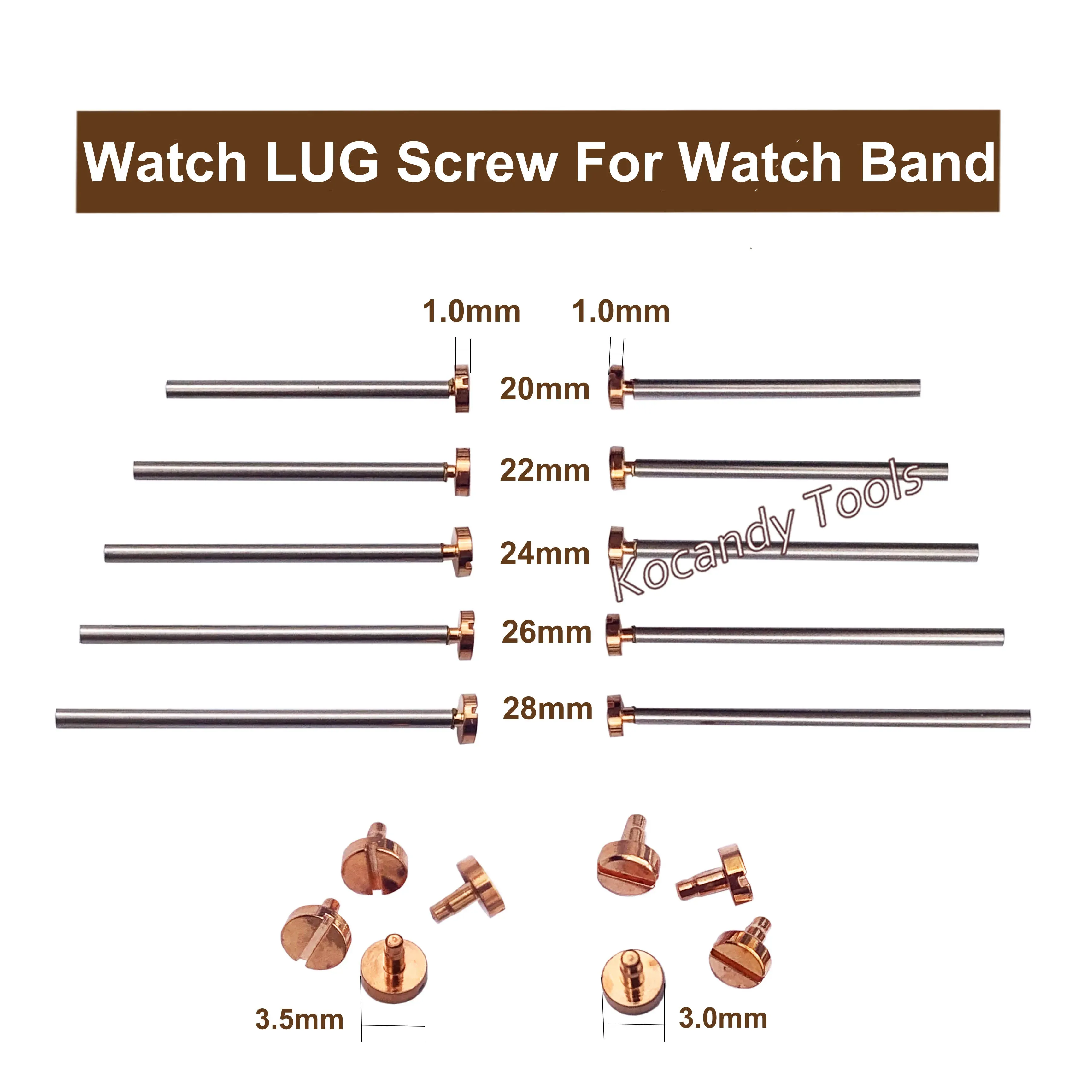 Row of steel screw pins with head diameter callouts printed