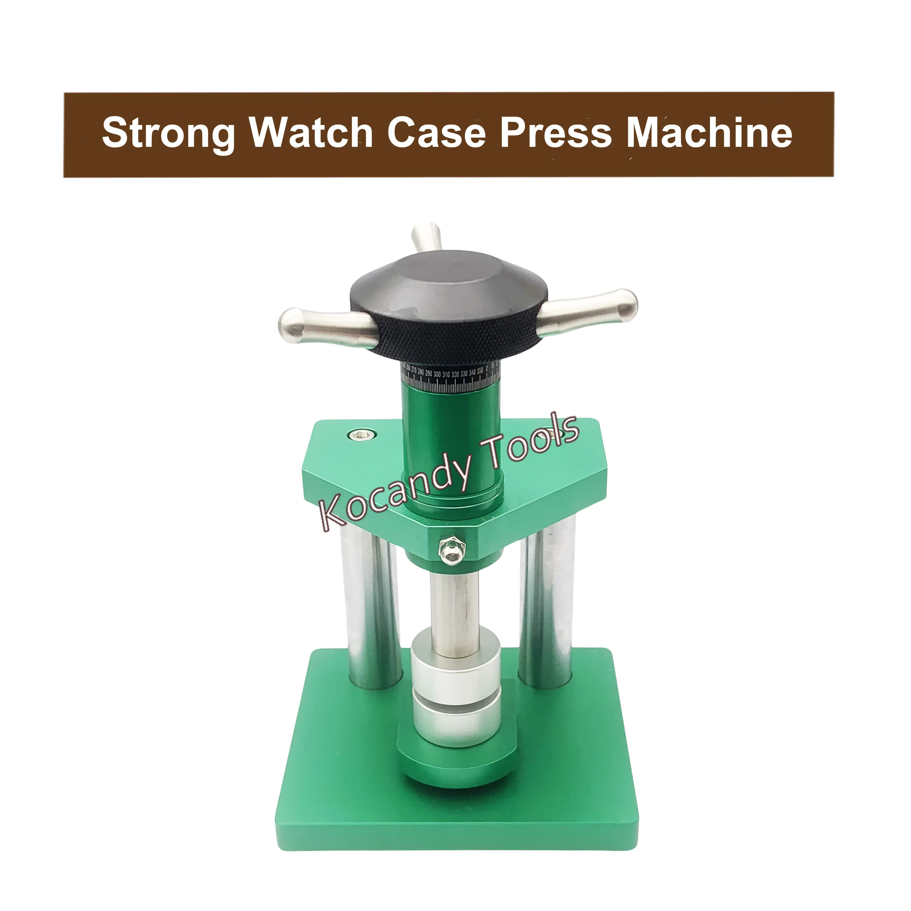 Green screw-type watch press with black handle and aluminium dies