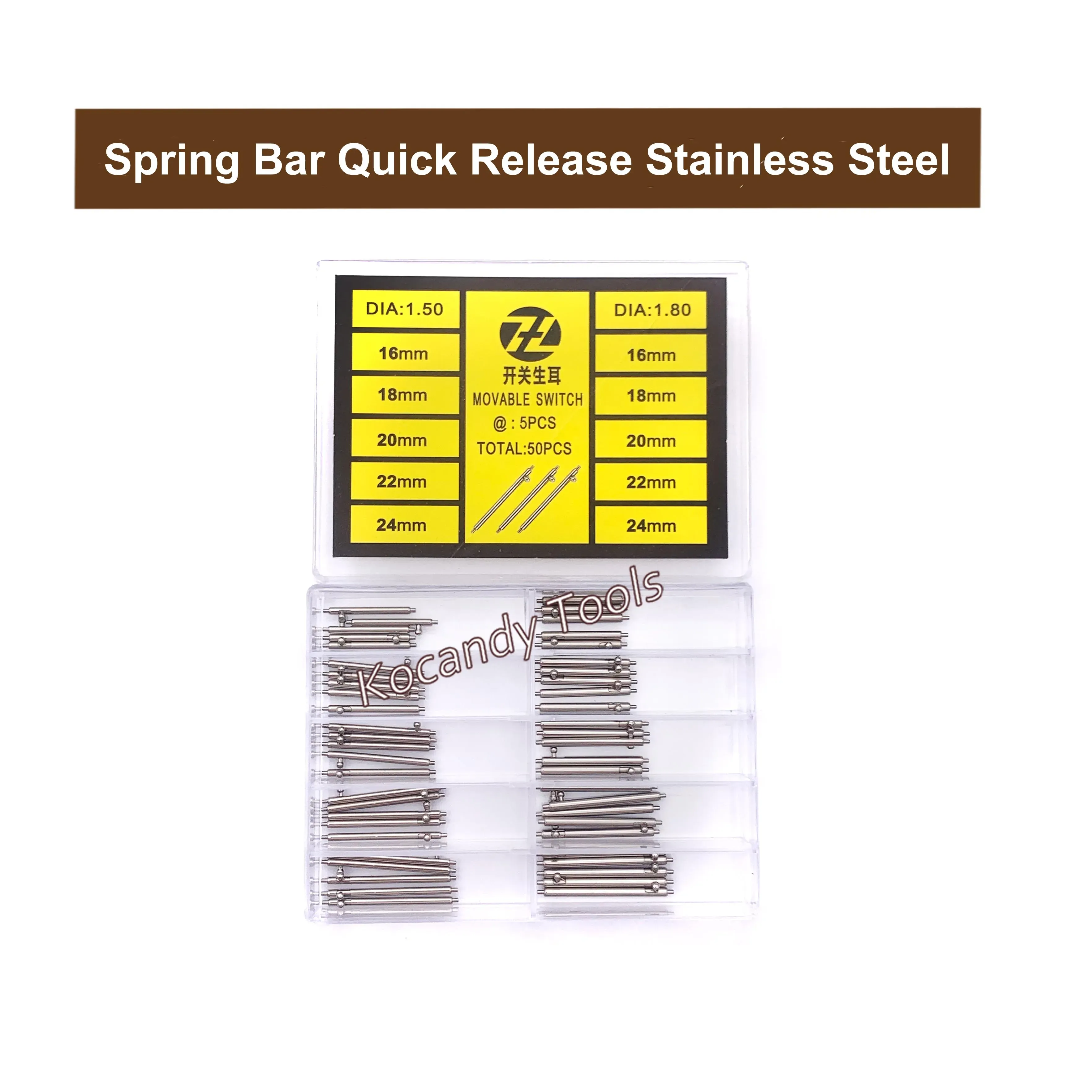 Quick release spring bars packed in a retail display card with yellow header