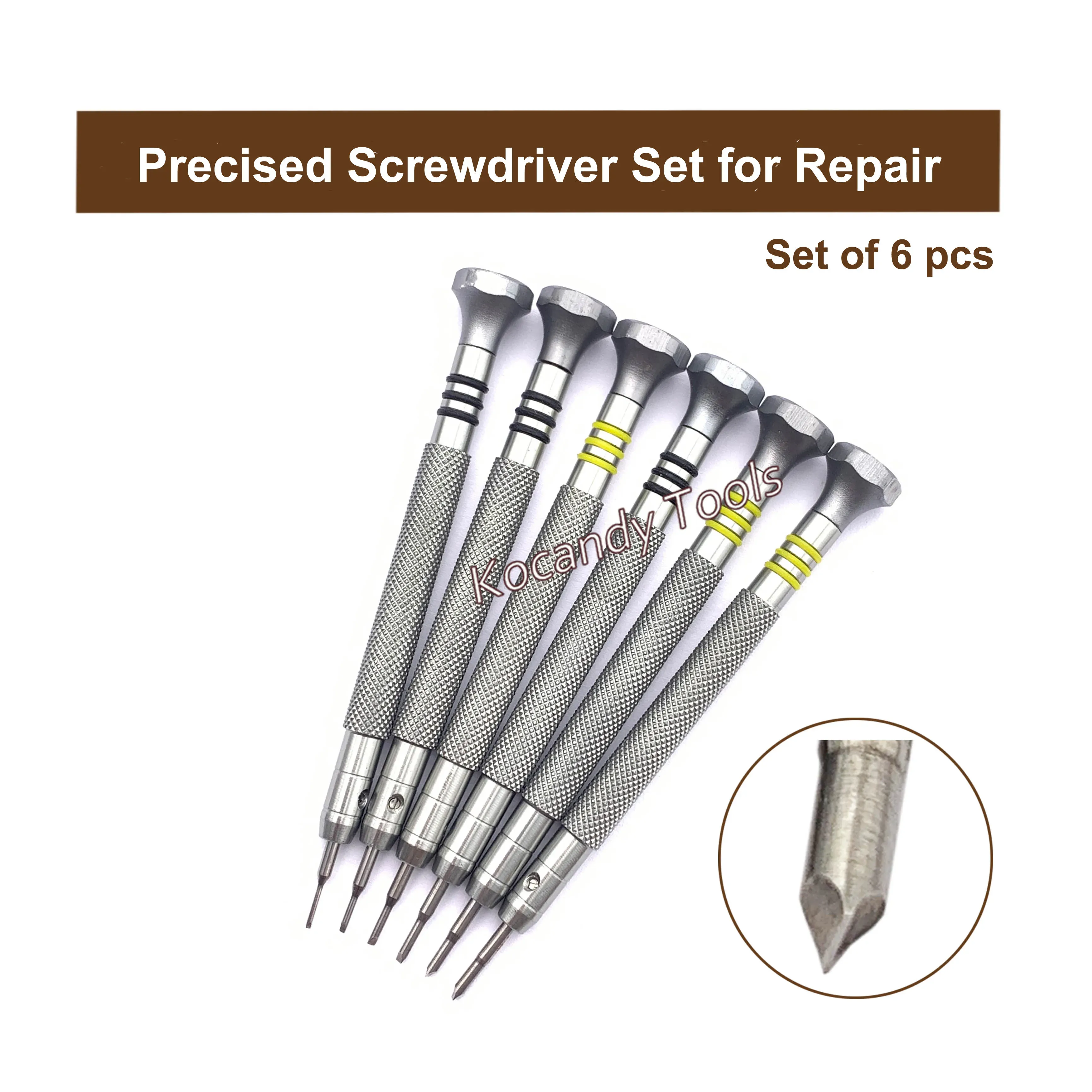 Six precision screwdrivers with colour-coded handles, tip close-up inset