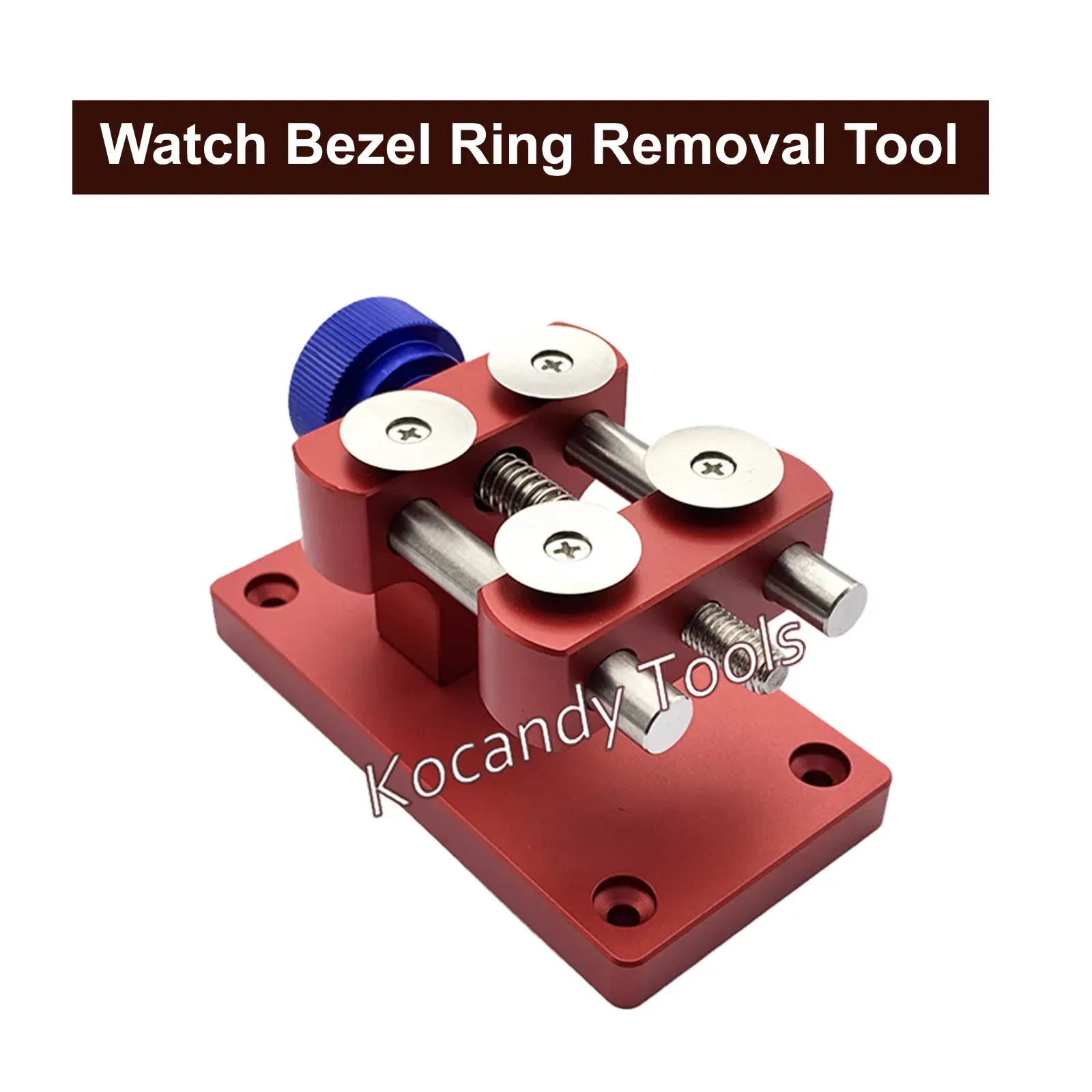 Red case bezel removal tool with two blue knurled knobs