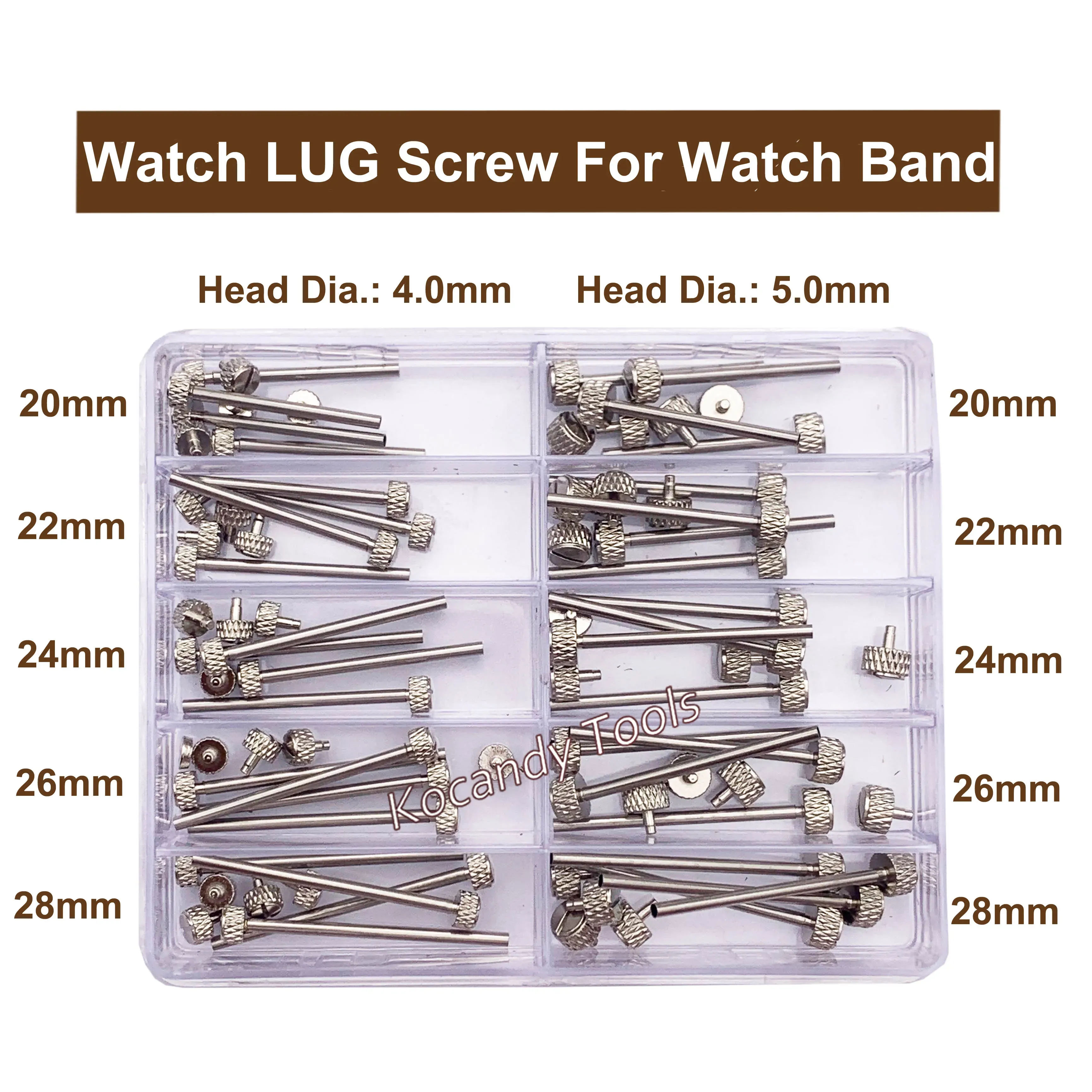 Assorted silver lug screws in a compartment box with 20 to 28mm labels