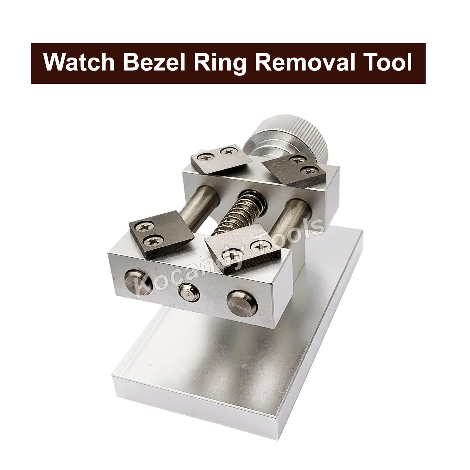 Two steel square-blade bezel removers sitting on a silver plate