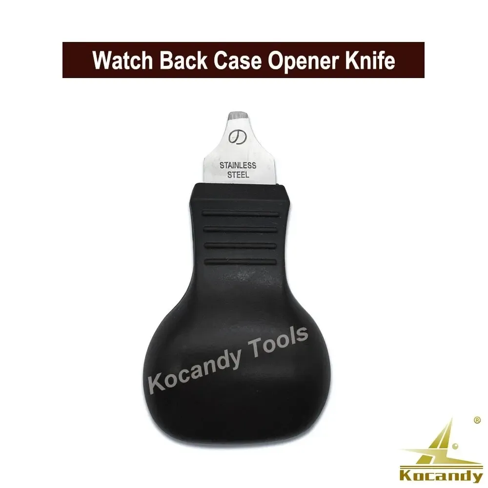 Watch case opener knife with a rounded black handle on white