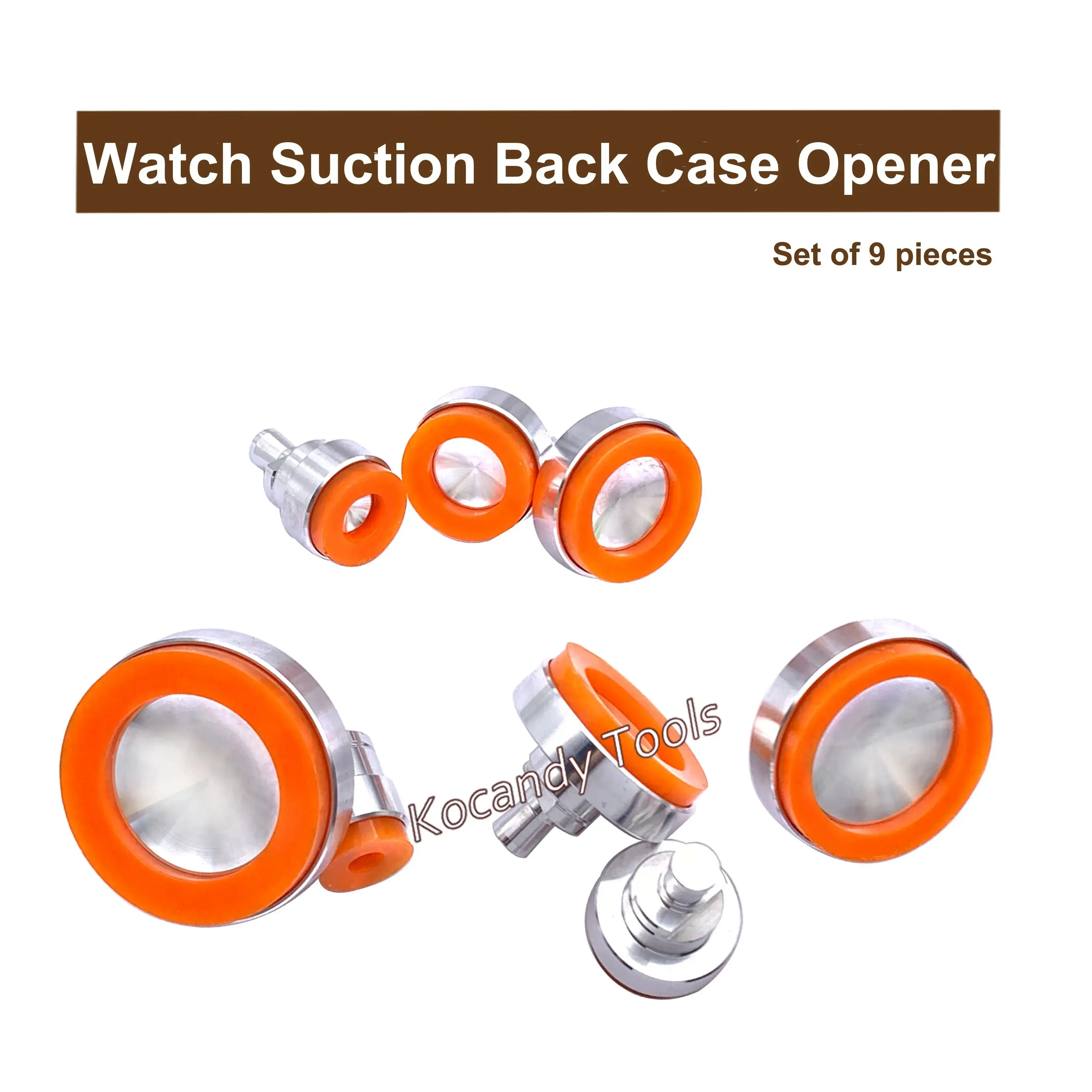 Orange suction case opener parts with black levers on white