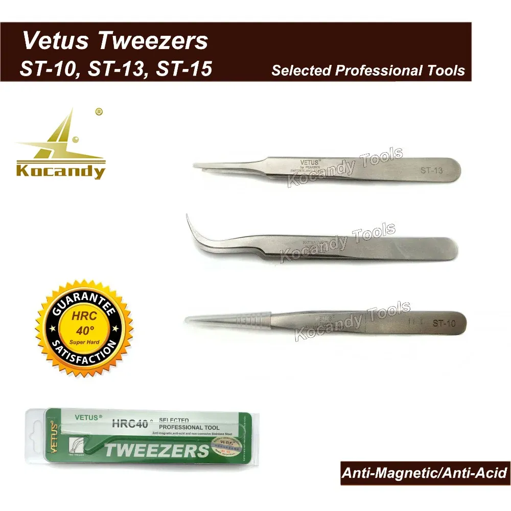 Three Vetus tweezers, ST-10, ST-13 and ST-15, above a green box