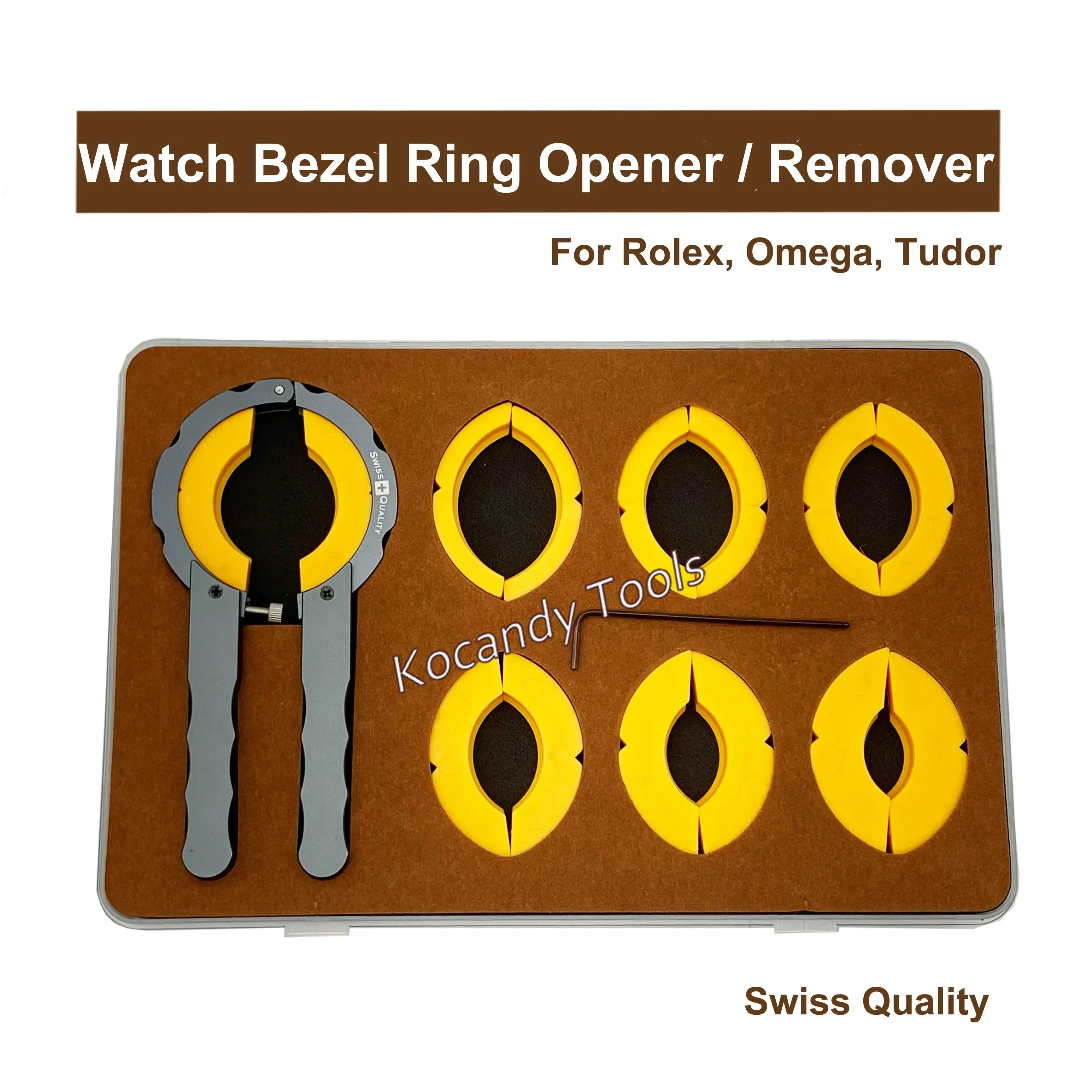 Black and yellow bezel die set laid in a wooden tray