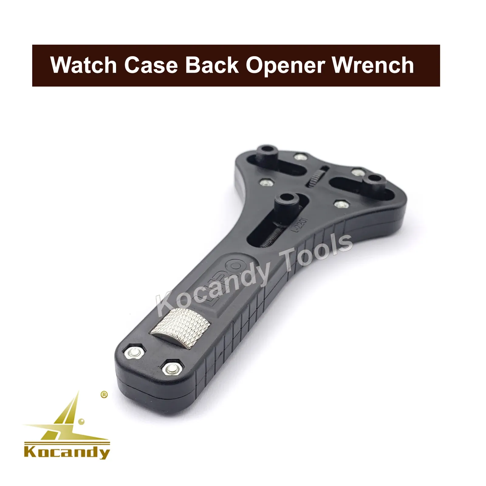 Silver Jaxa wristwatch case opener wrench shown alone on white