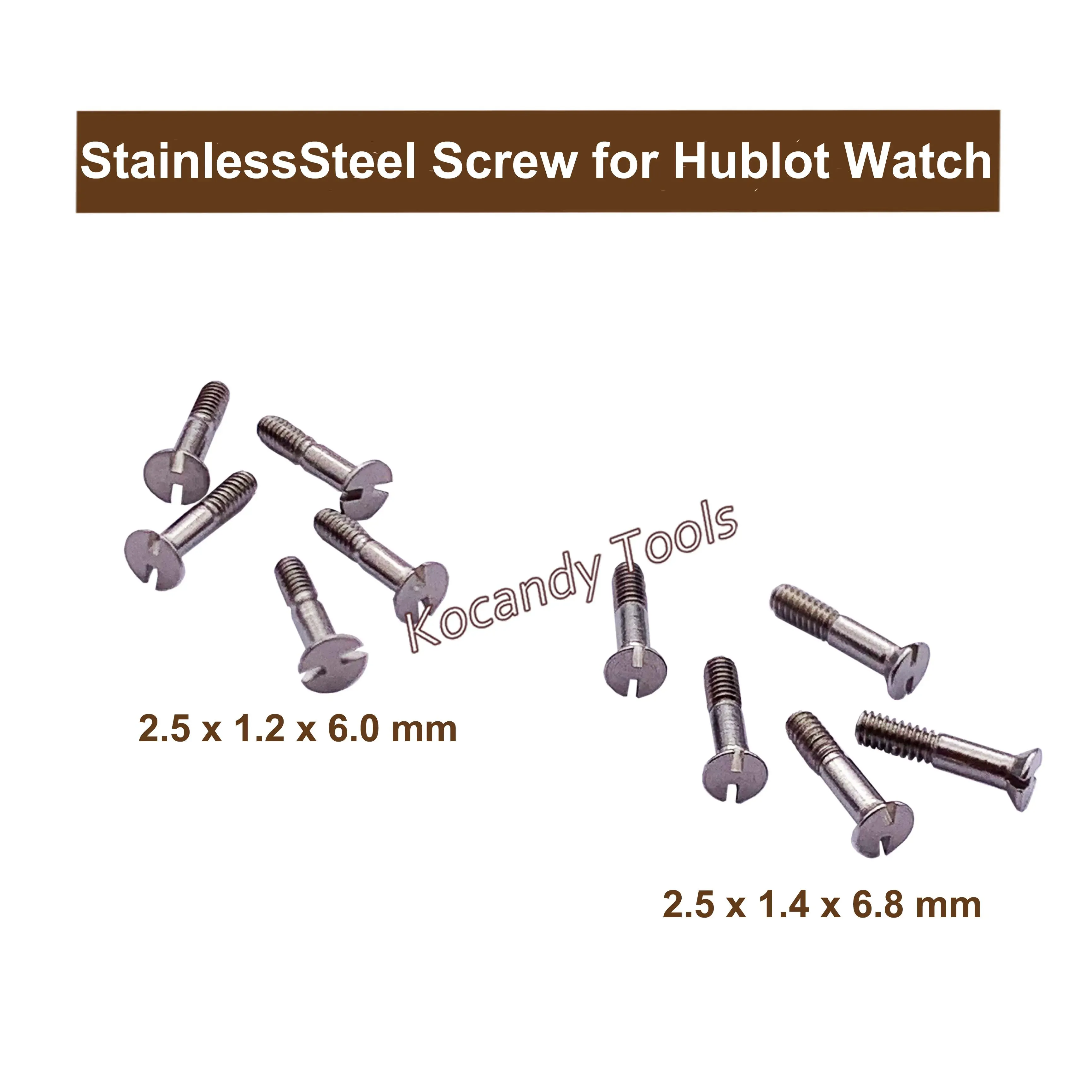 Watch screws measured at 2.5x1.4x0.8 mm against a white background