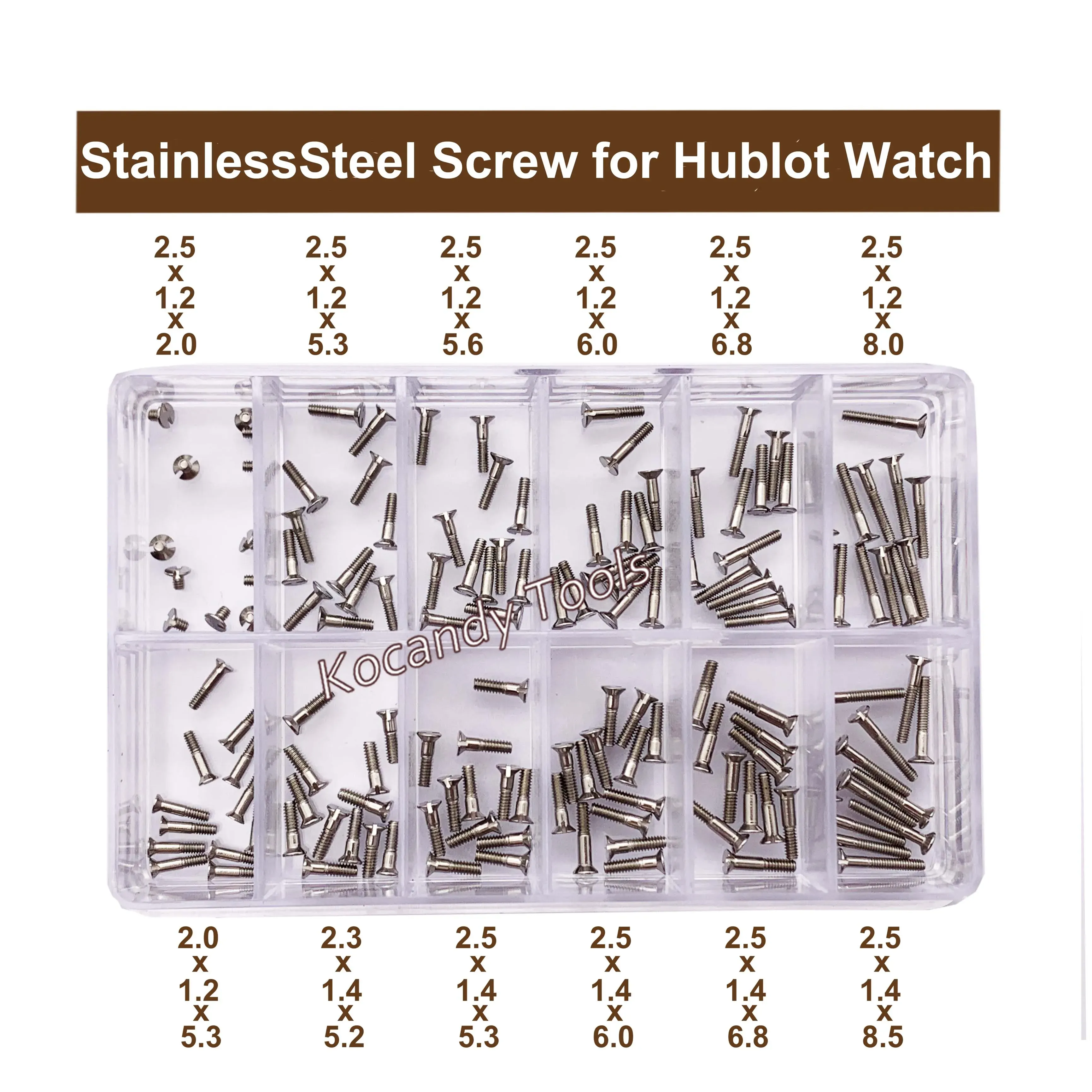 Large assortment of tiny stainless steel watch screws spread across a white background