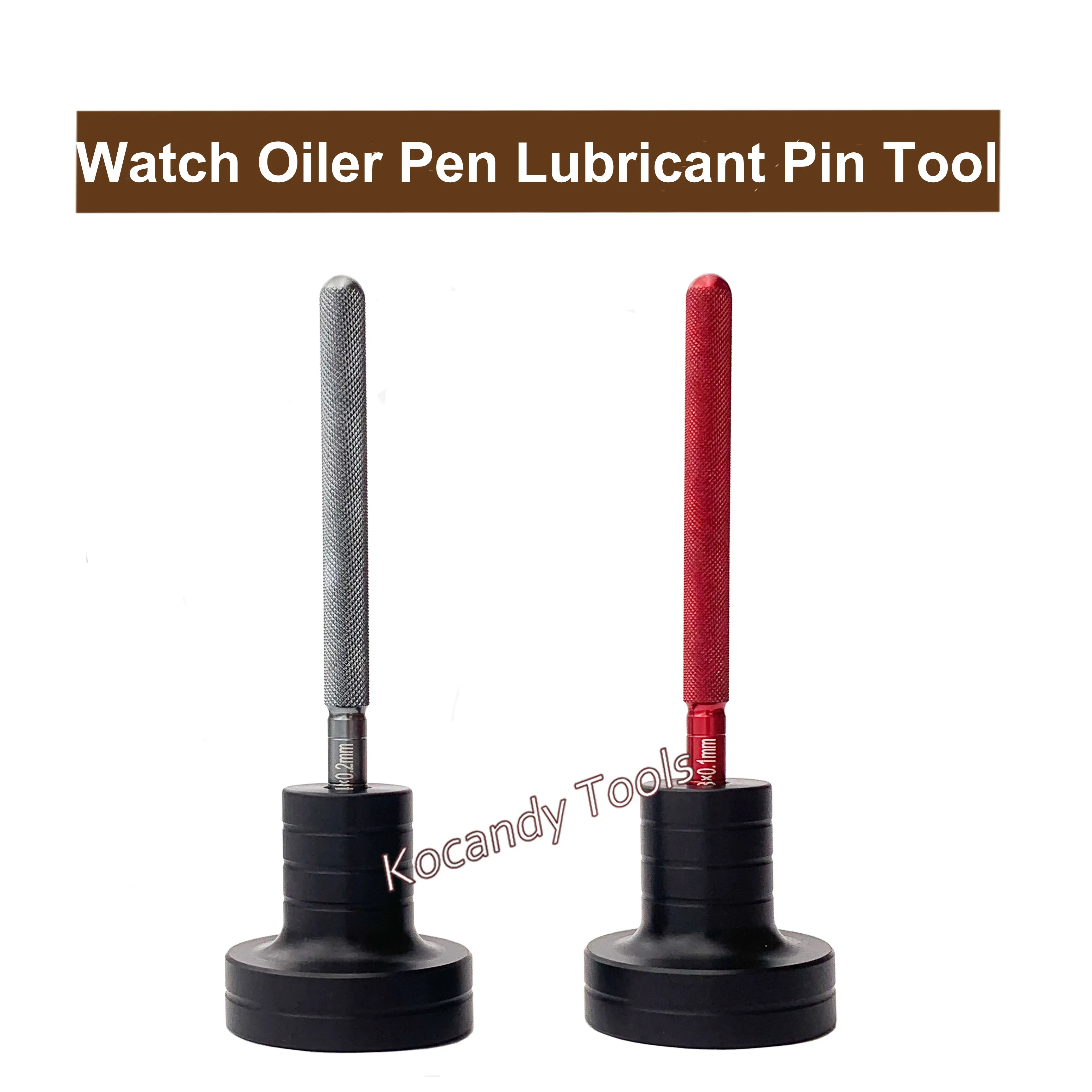 Two red-handled oiler pens standing upright in tall black bases