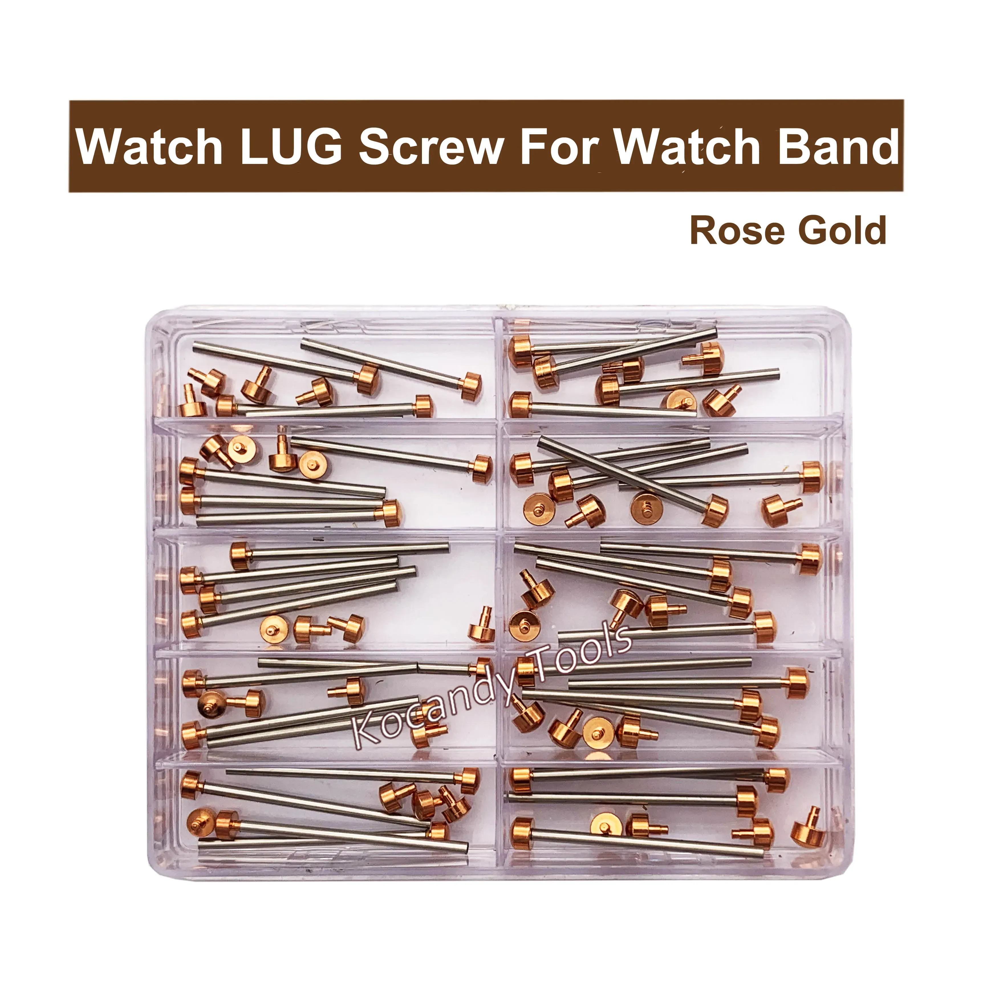 Rose gold 316L watch lug screws in assorted sizes in a compartment tray