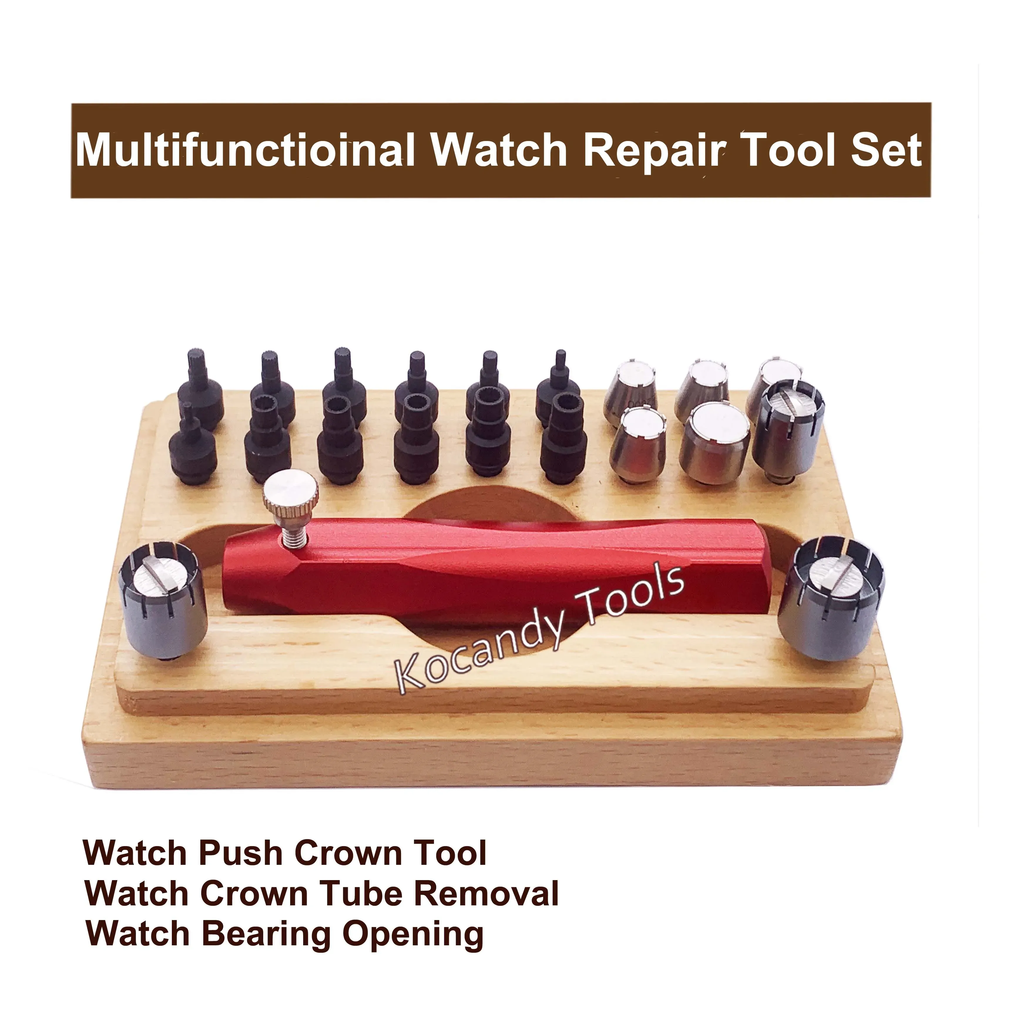 Red-handled watch tool set in a wooden tray with black dies