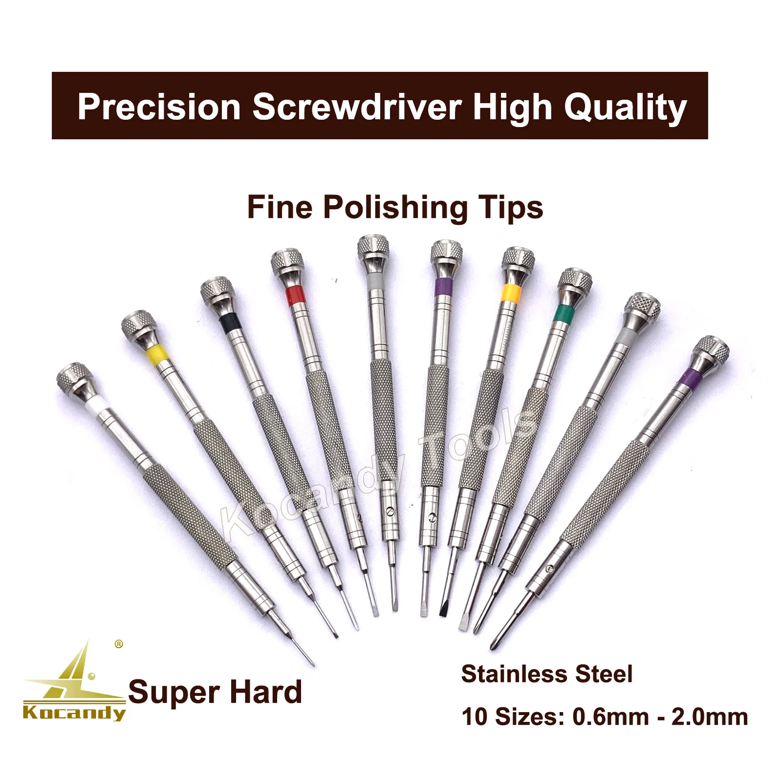 Ten precision screwdrivers fanned out showing fine polishing tips