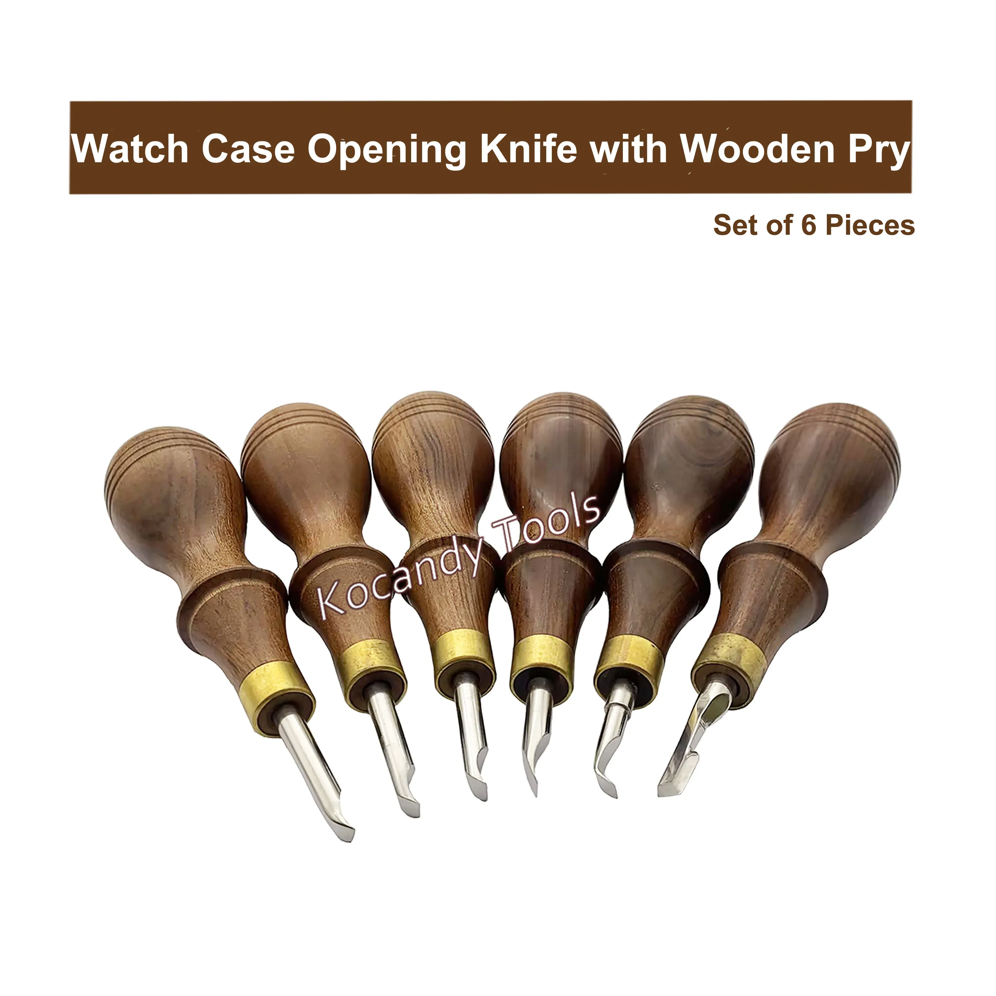 Six watch case opening knives with wooden handles laid in a row