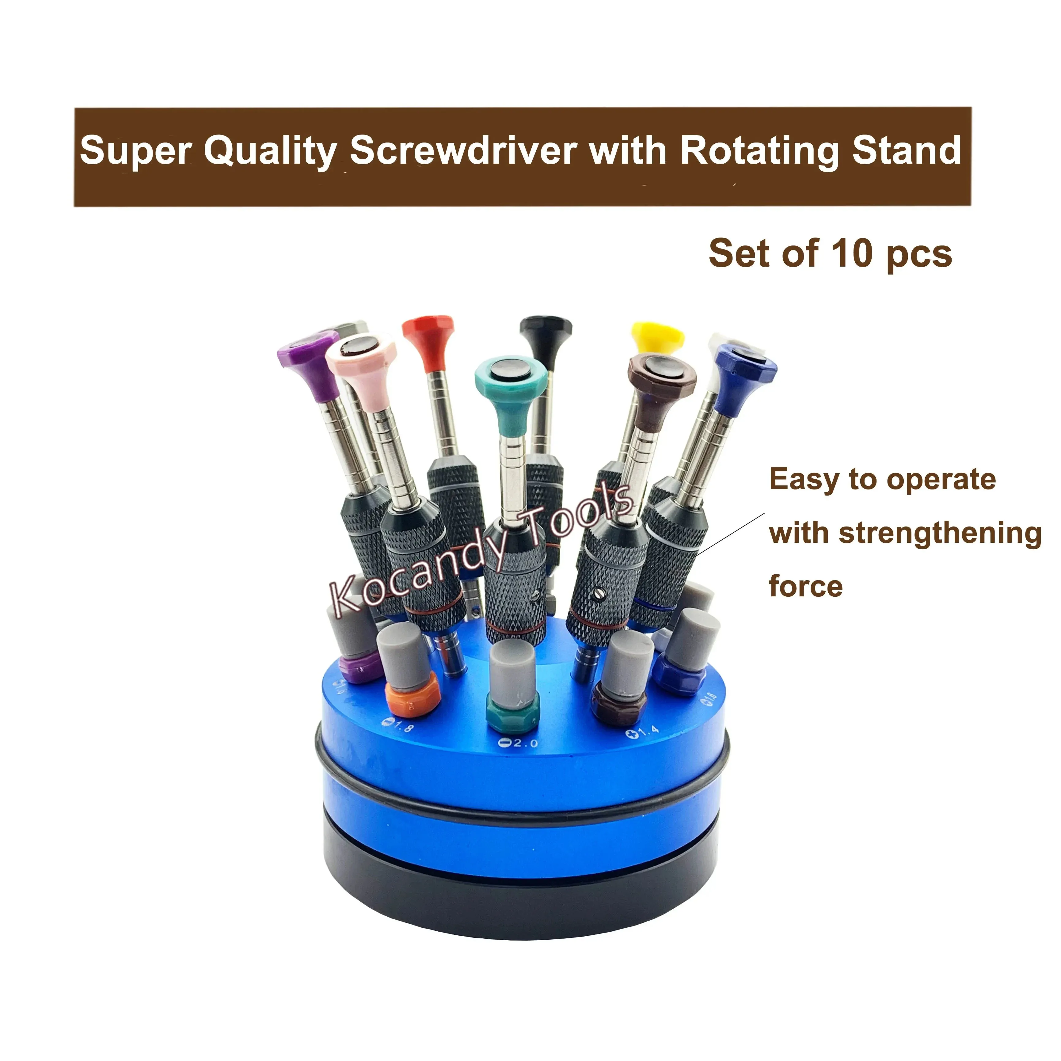 Ten watch screwdrivers stored upright in a blue rotating stand