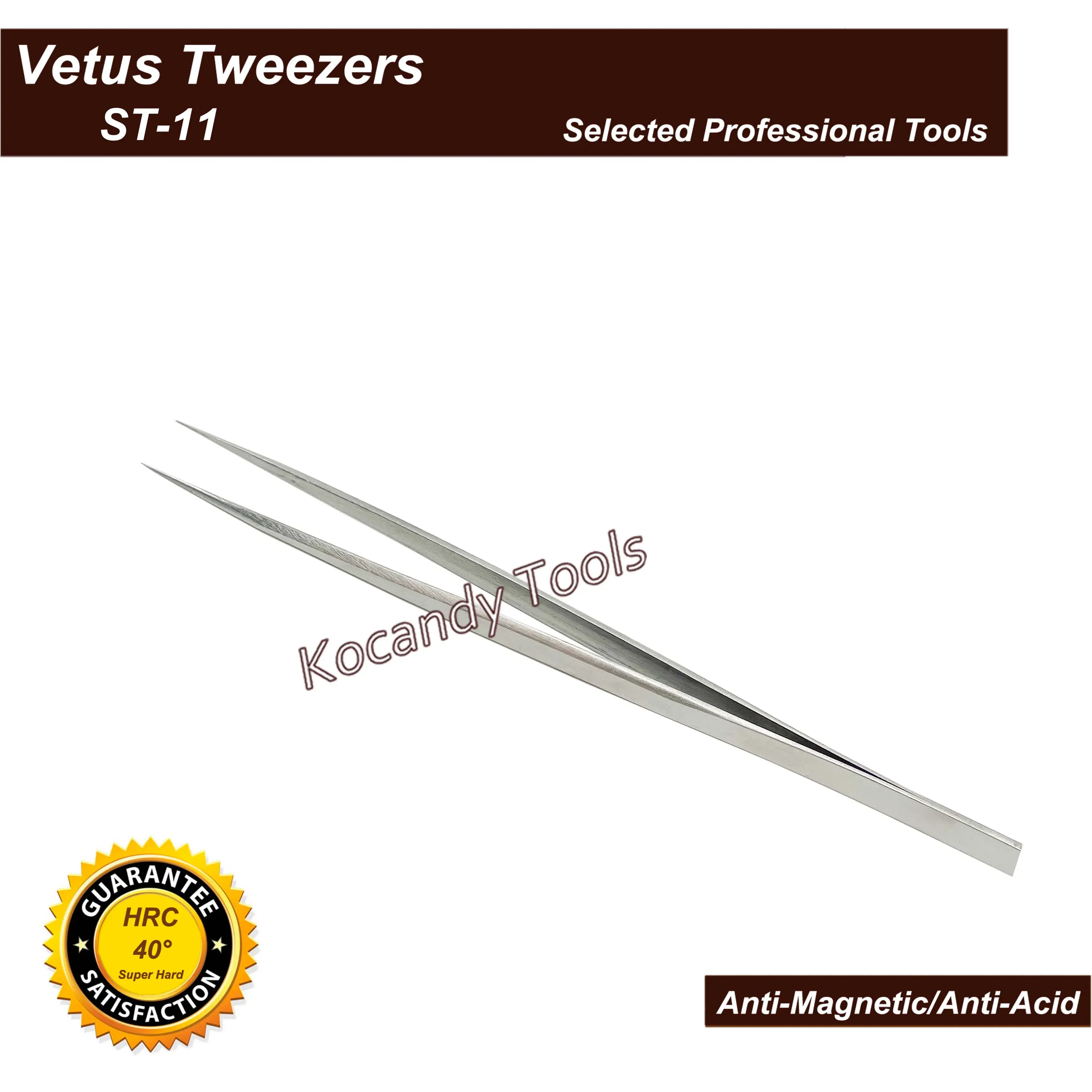 Two Vetus fine tip tweezers crossing on a plain background