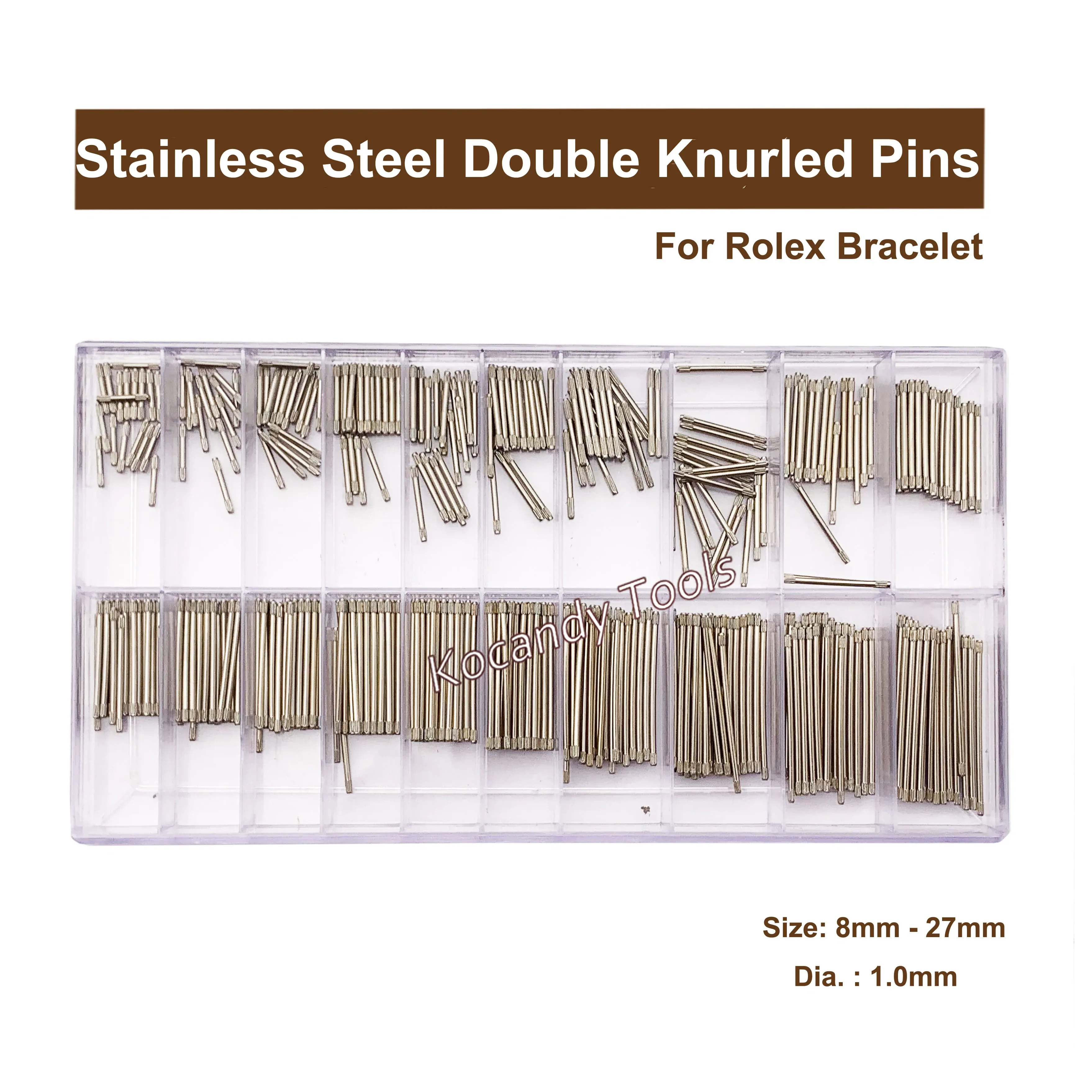 Compartment tray holding rows of stainless steel double knurled bracelet pins