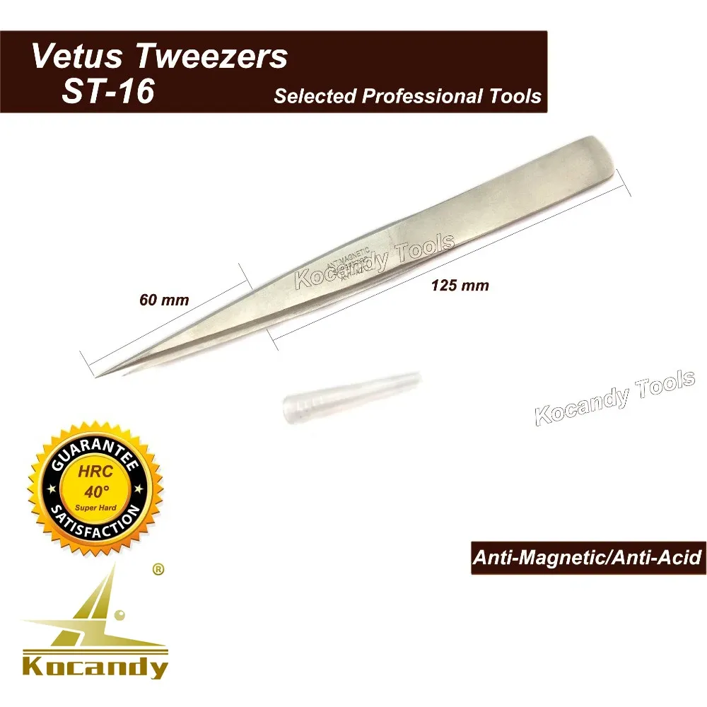Vetus ST-16 tweezers lying on a green anti-magnetic sleeve