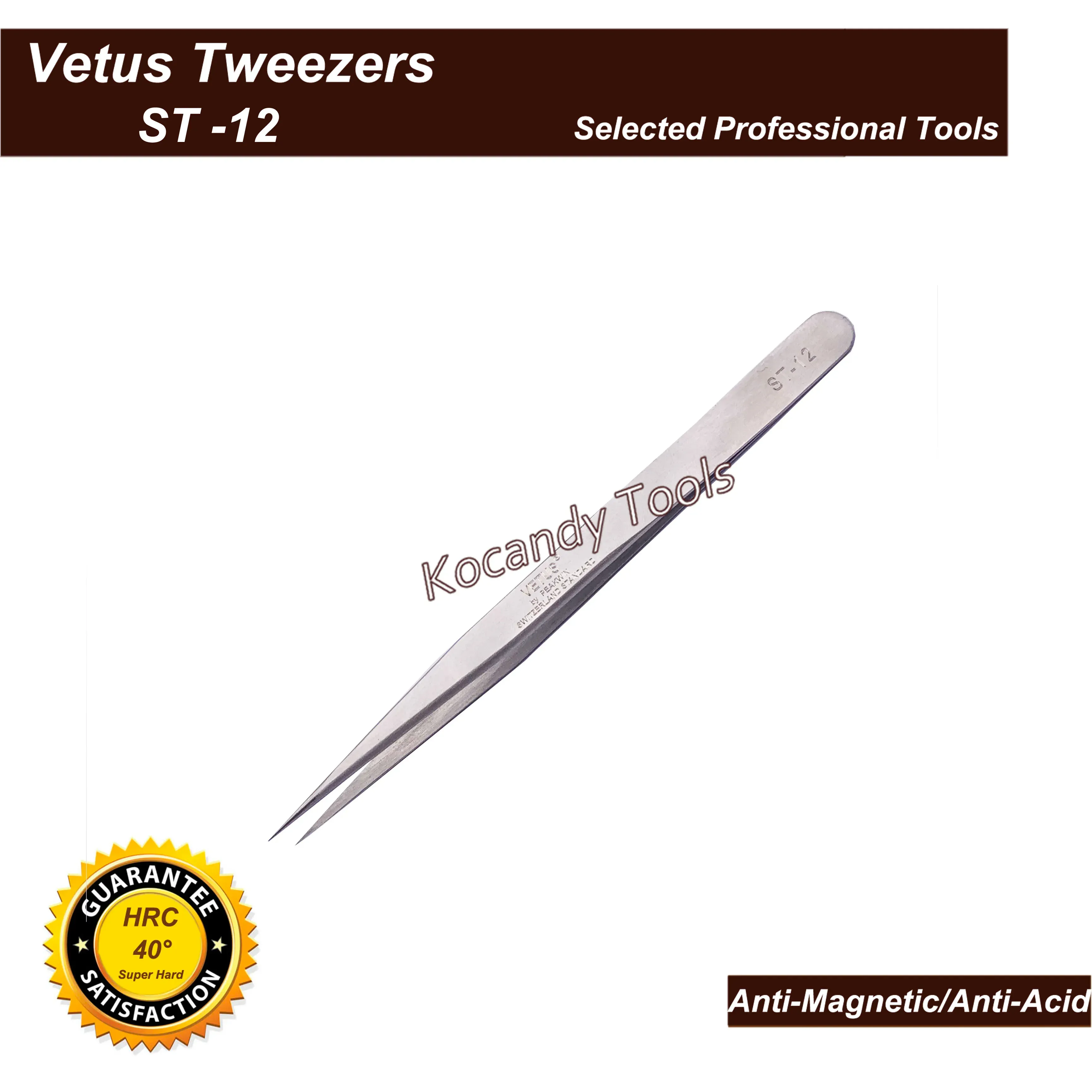 Close-up of straight fine tip tweezers on a white background