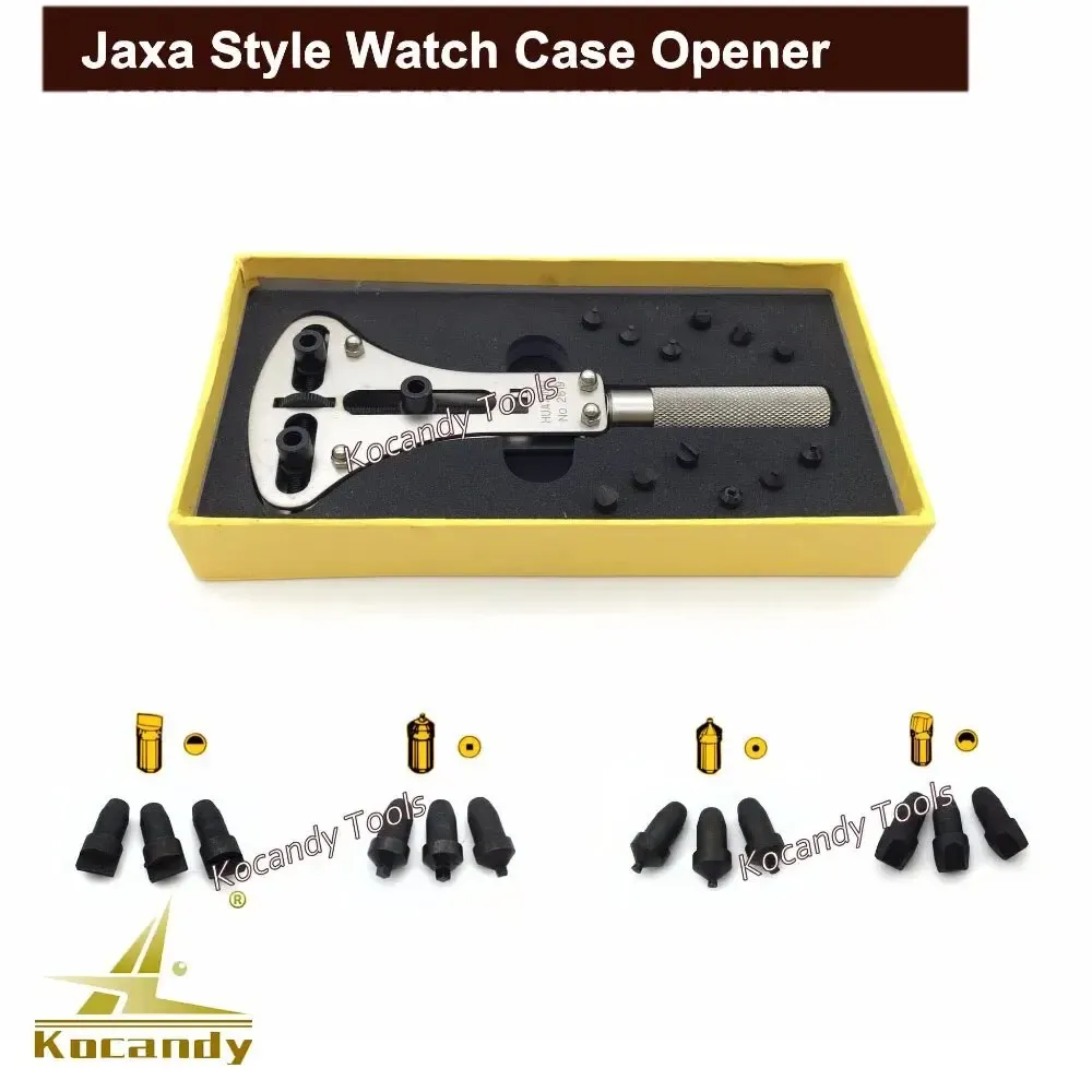 Black and silver case back wrench in a yellow box with dies