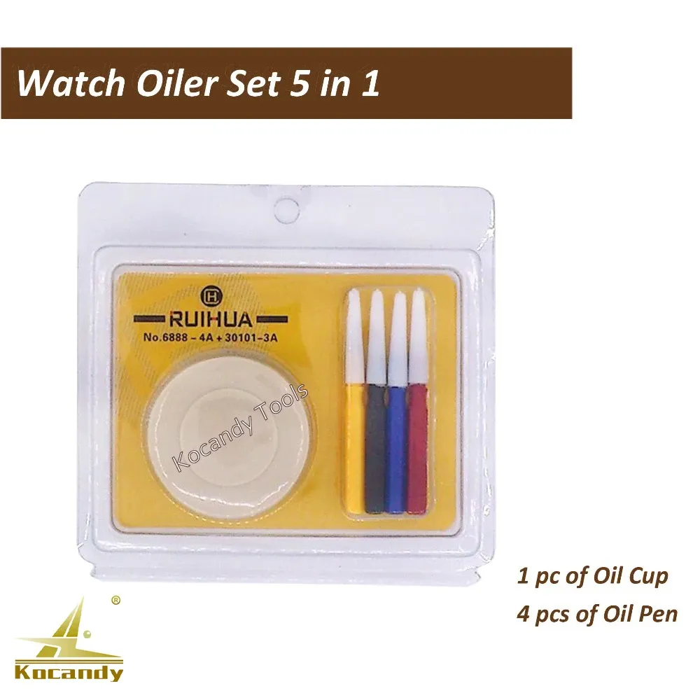 Retail blister pack holding four oil pens and one round oil cup