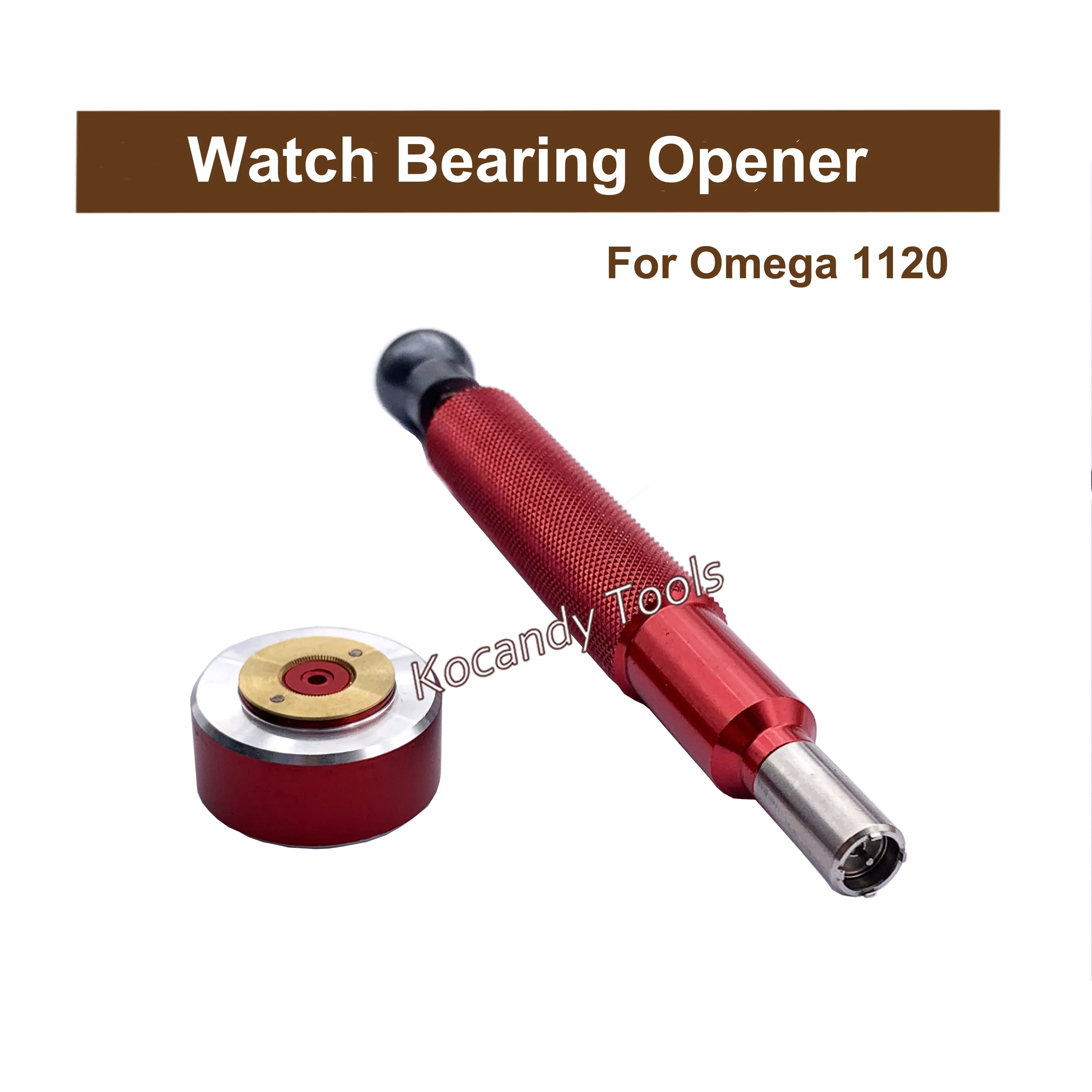 Red bearing opener beside a red round die on a wood base