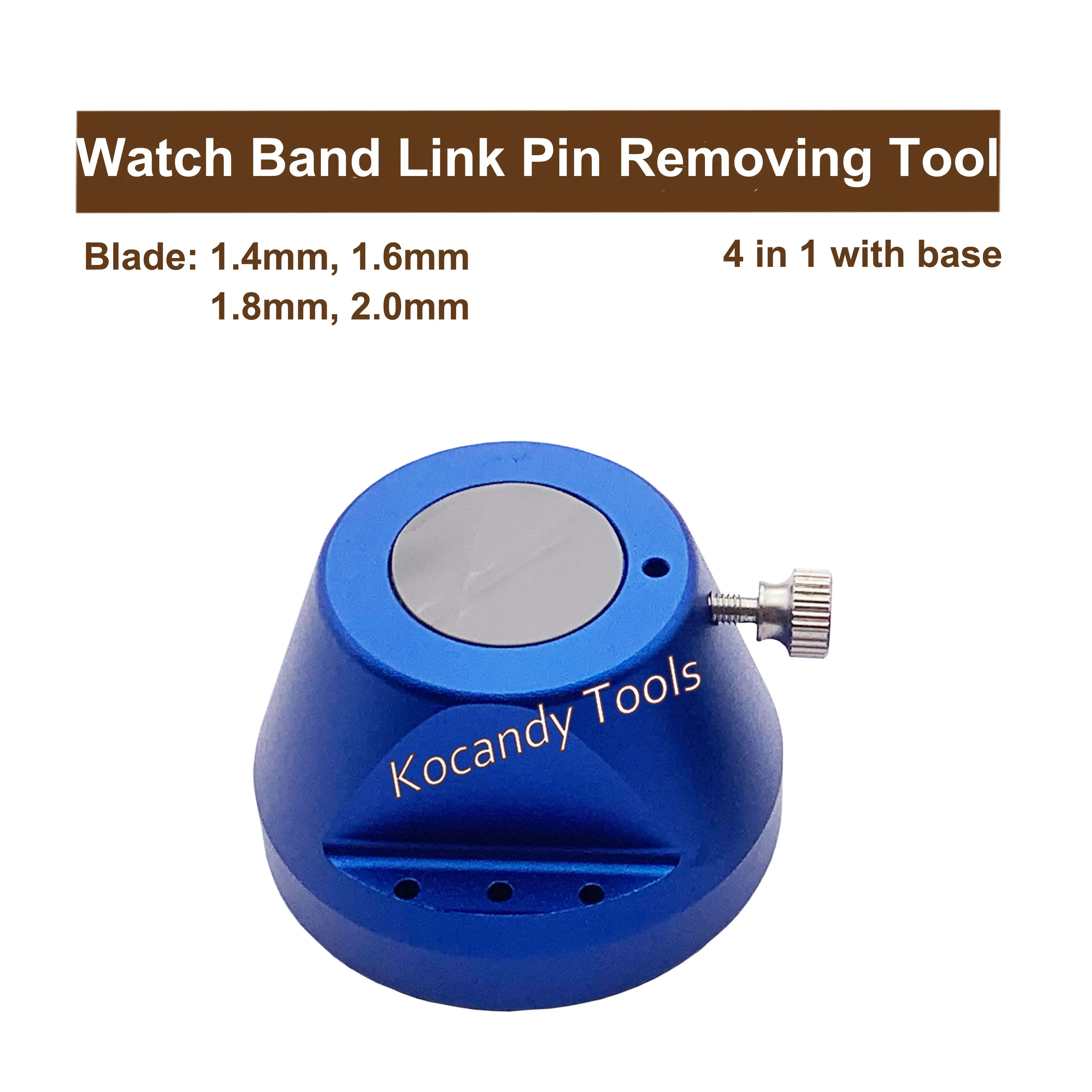 Blue rotating link pin remover with its base, angled view