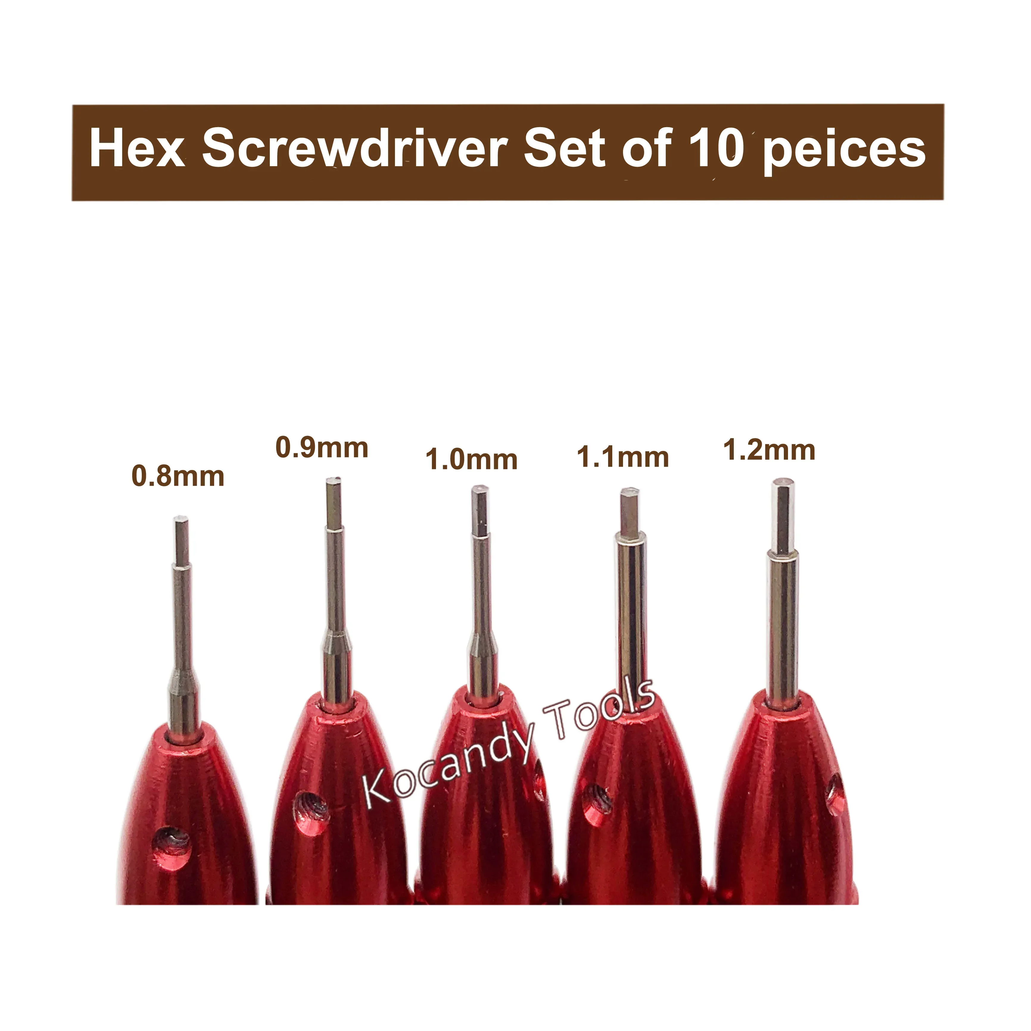 Five red-handled hex screwdrivers in a row, 0.8mm to 1.5mm