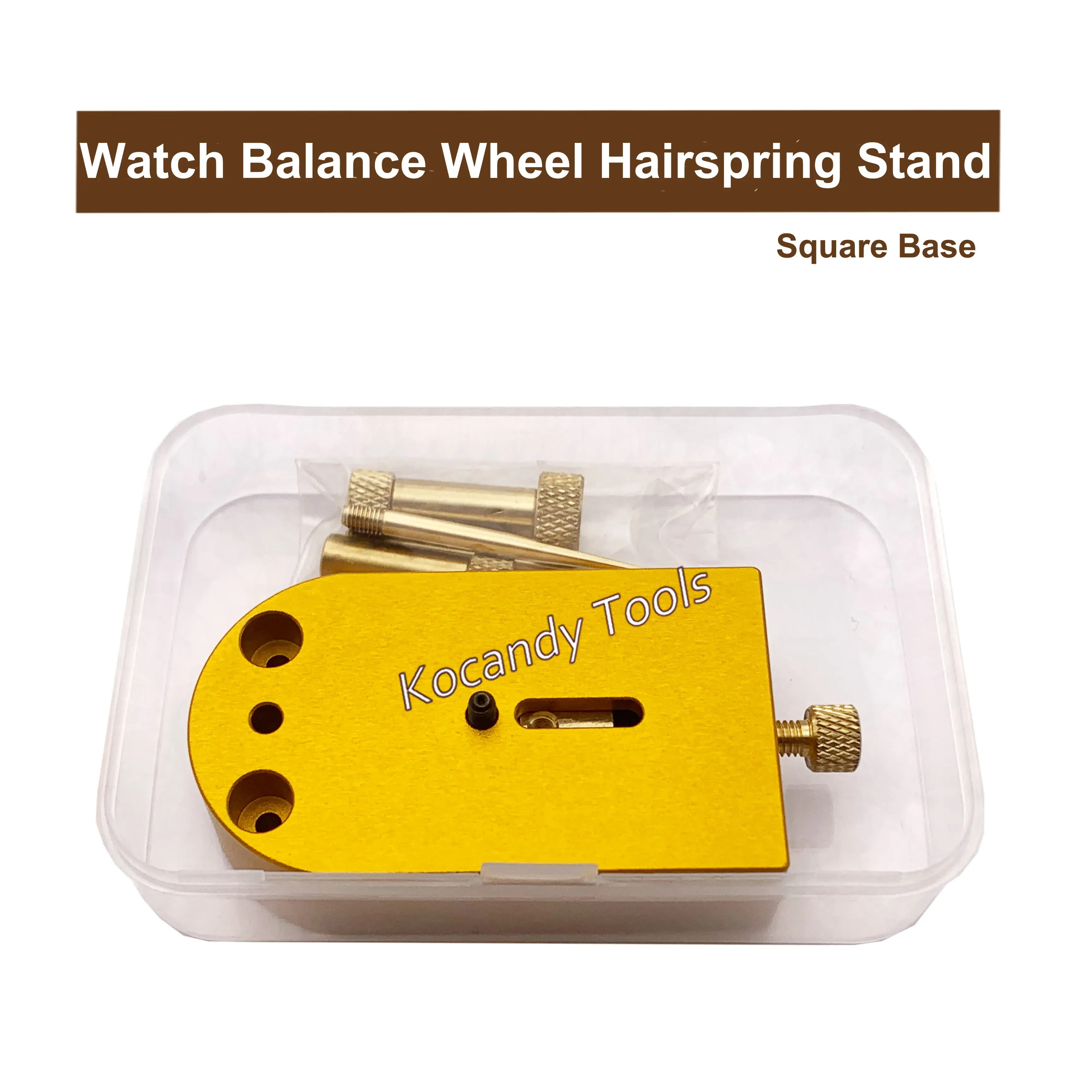 Yellow stand base inside a clear plastic storage tray
