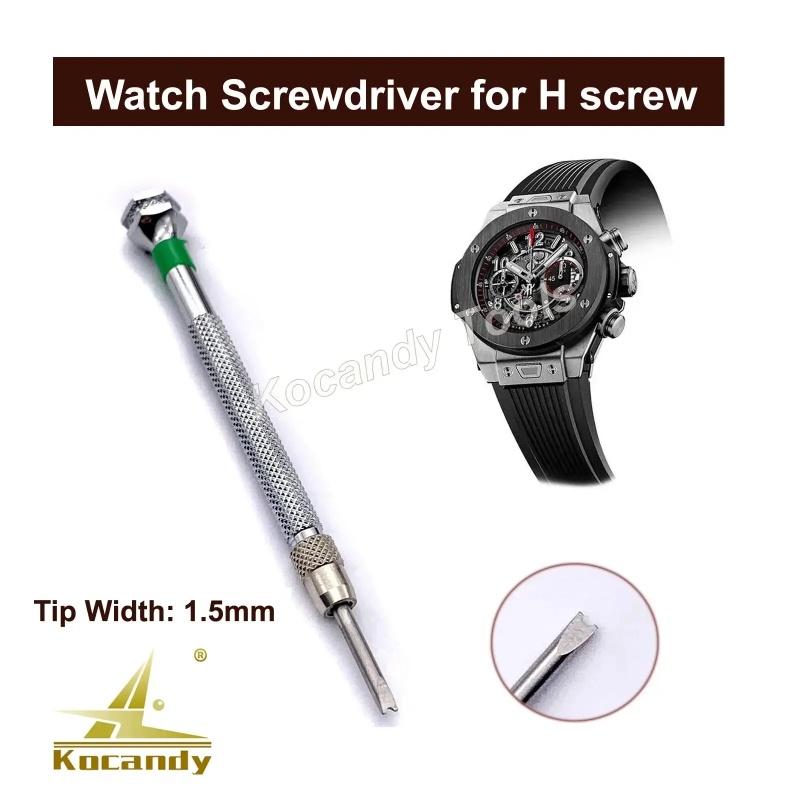 Screwdriver shown beside a Hublot watch, 1.5mm tip callout