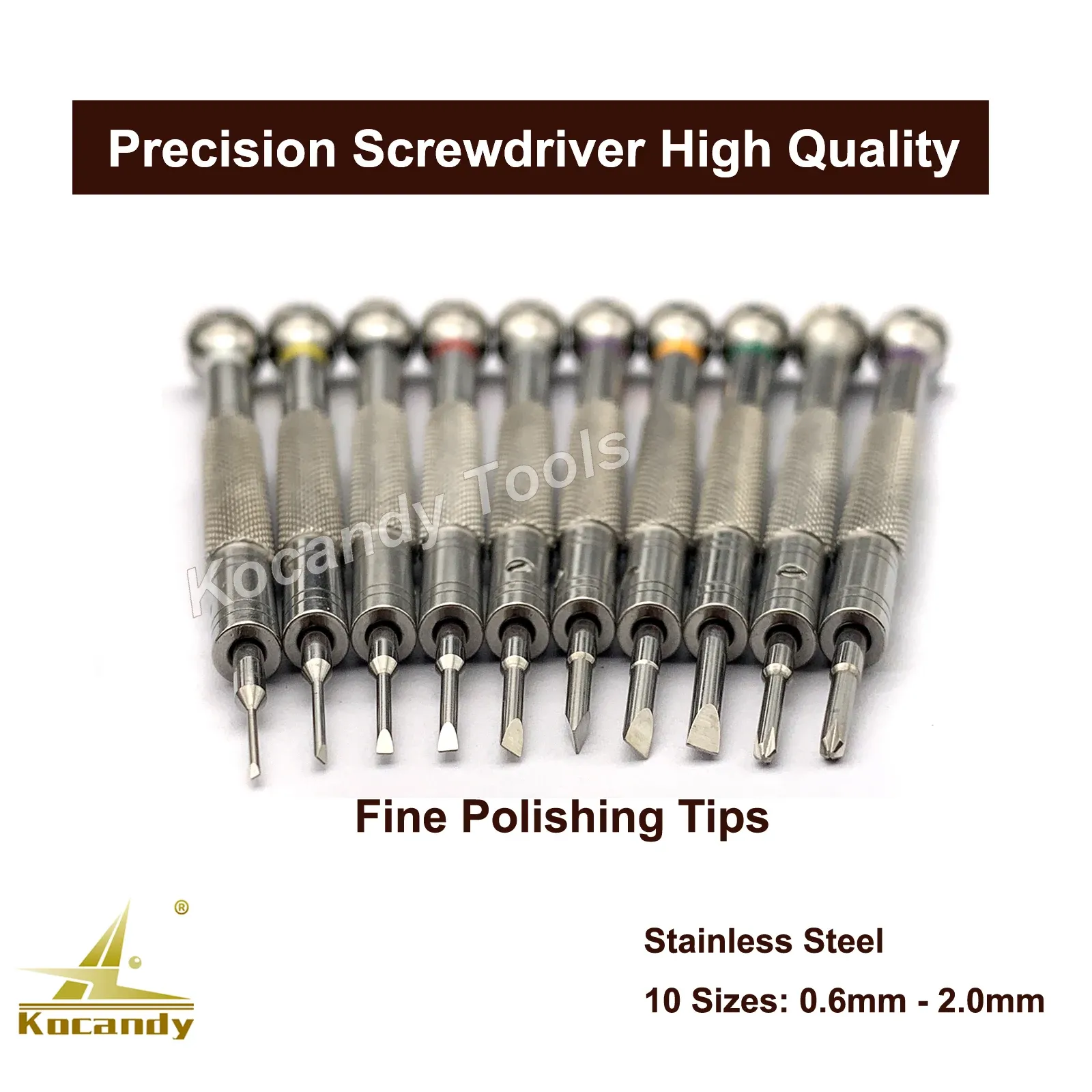 Screwdrivers arranged in a row with steel shafts and tips