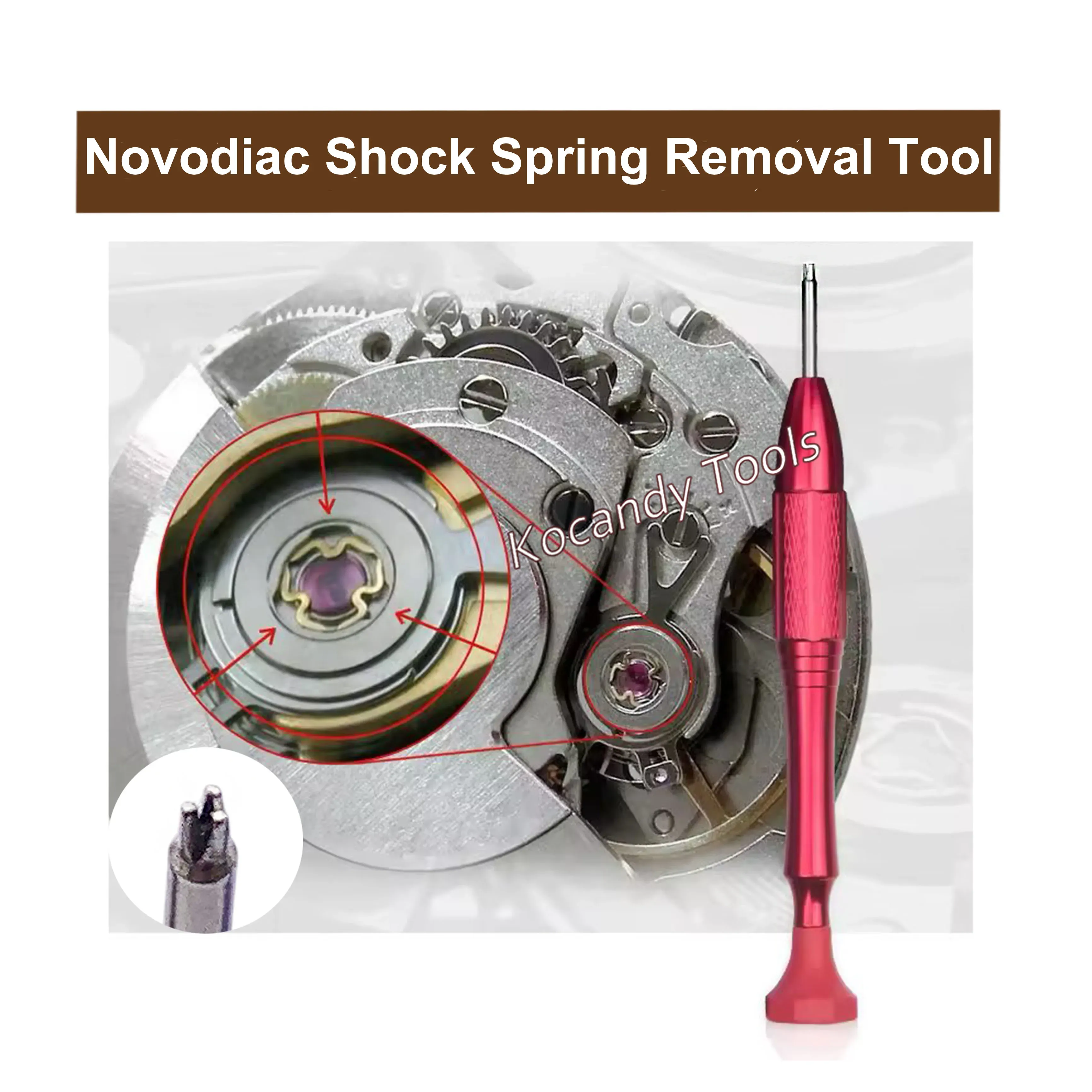 Red screwdriver over a watch movement with a shock spring inset