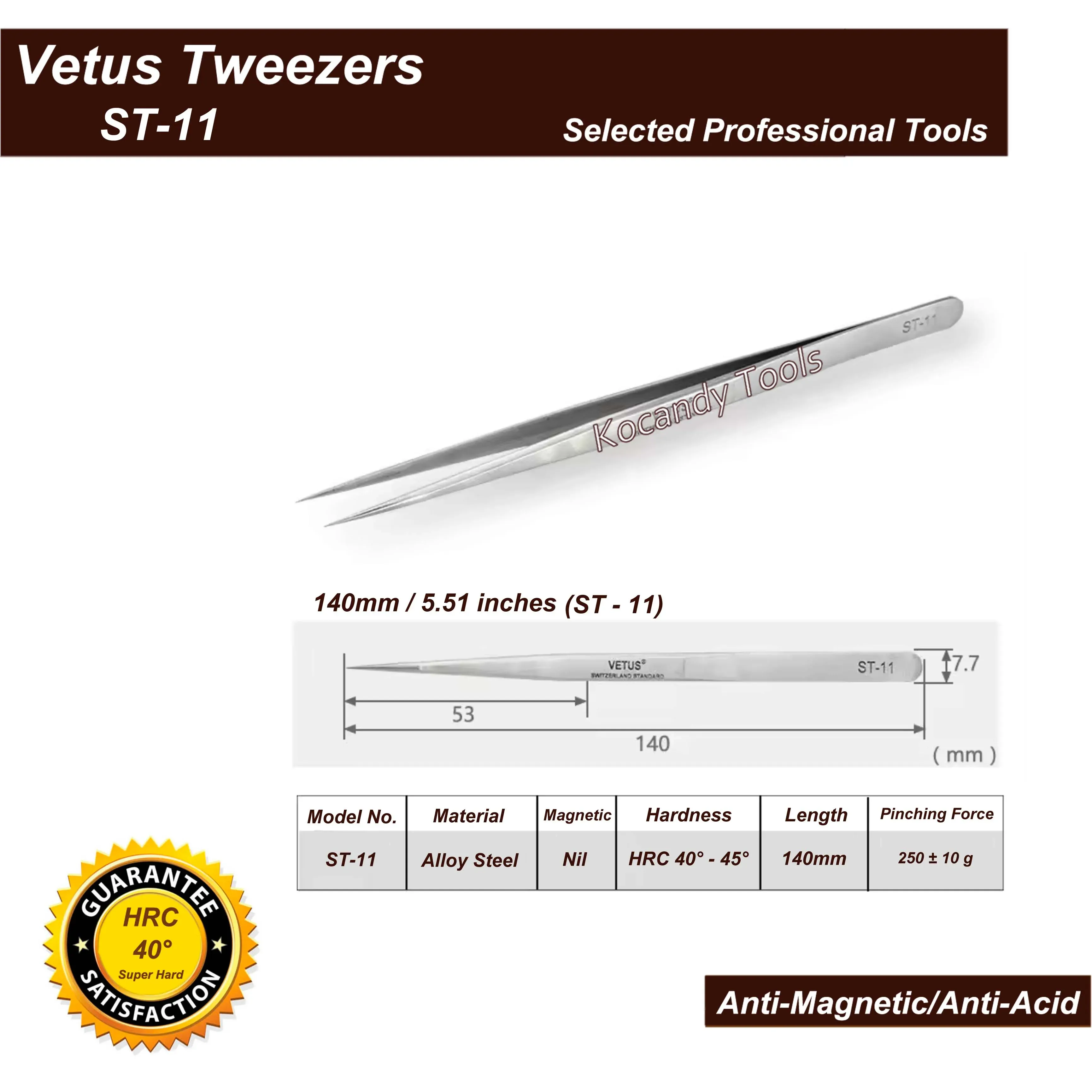 ST-11 tweezers with protective tip cap above a small model chart