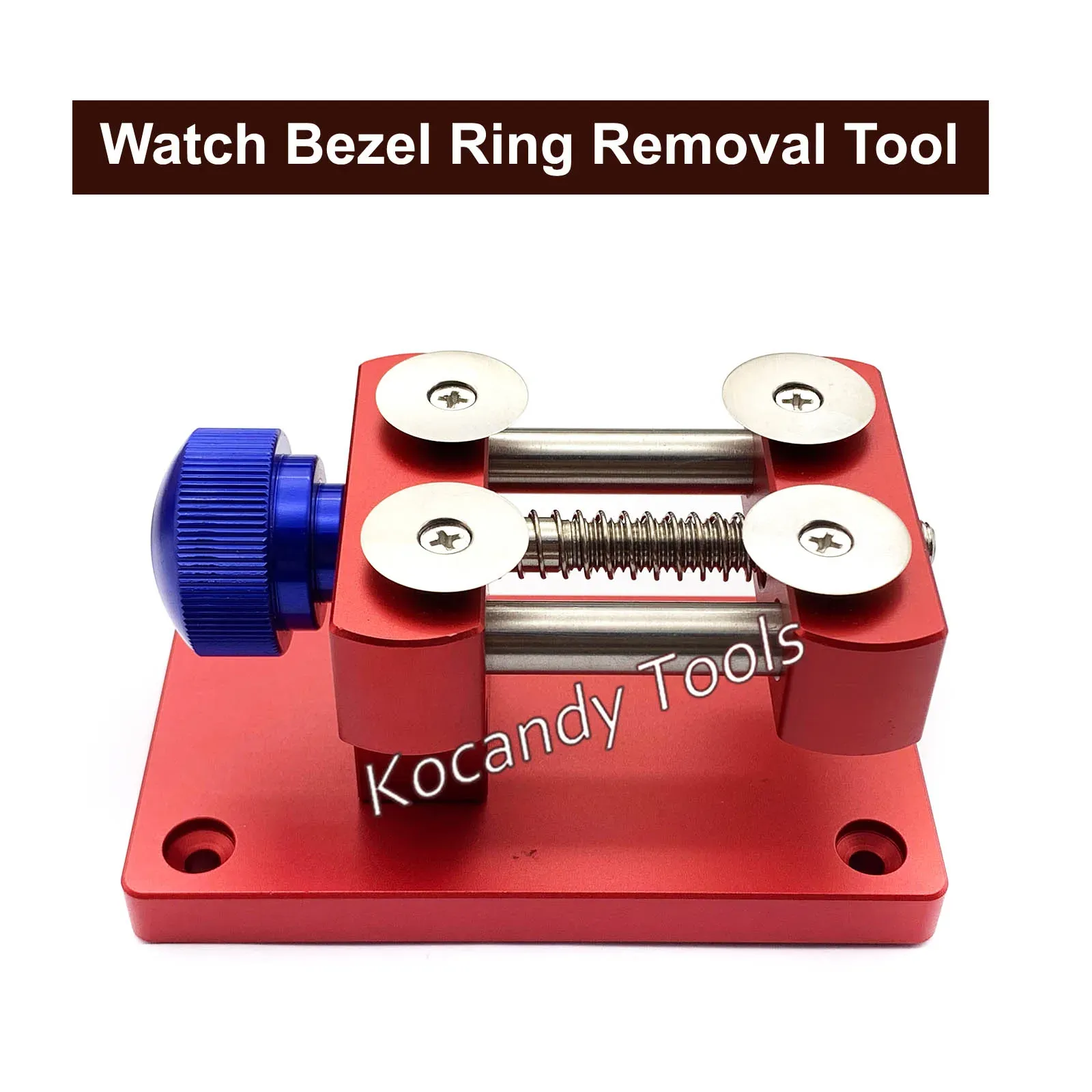 Bezel ring removal tool on a red base viewed from the front