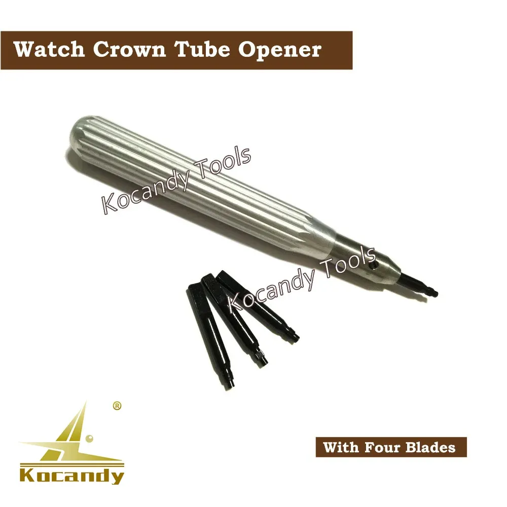 Crown tube opener holder with four black blades fanned below