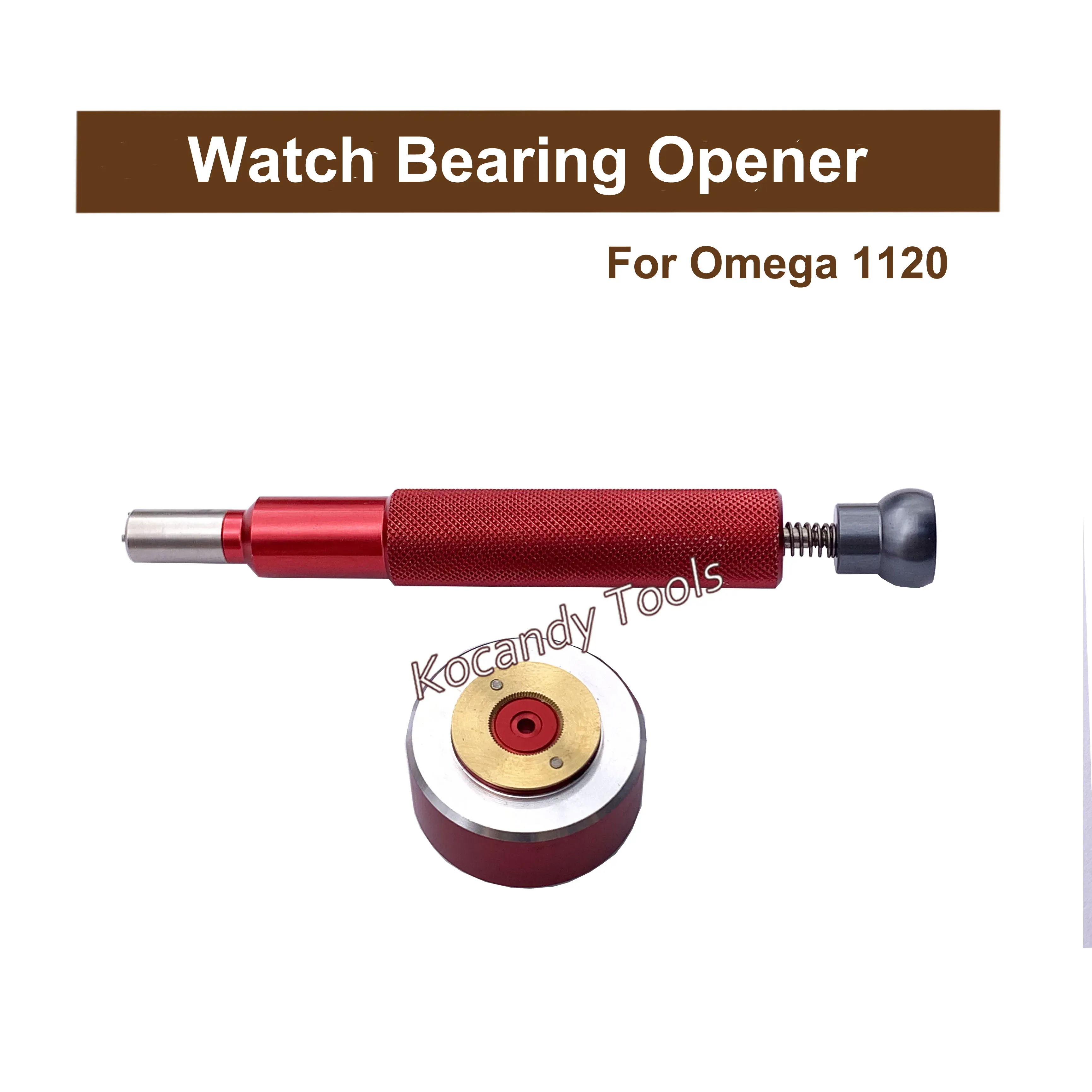 Red bearing opener lying flat with its round die below