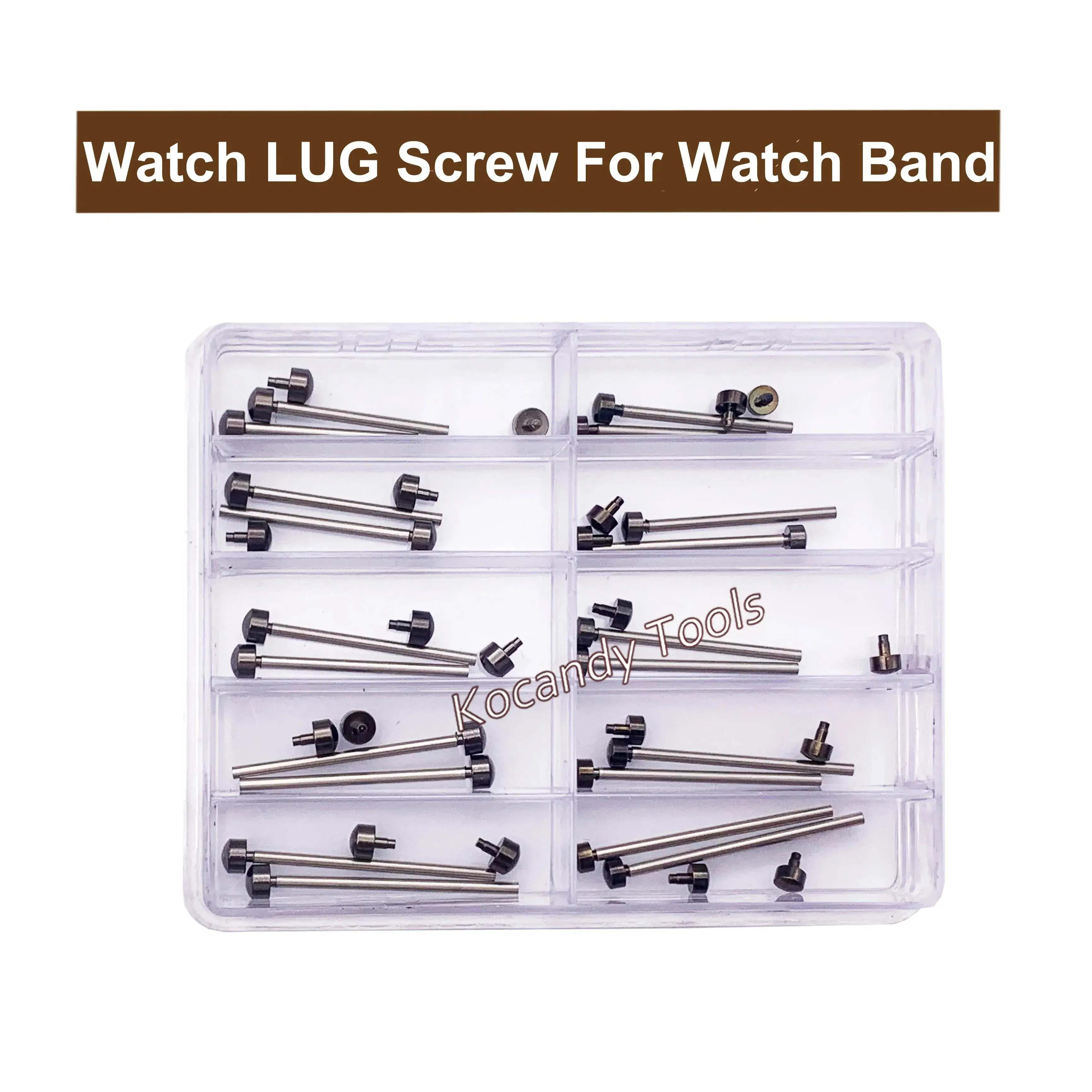 Compartment box containing black and gold watch band screw pins