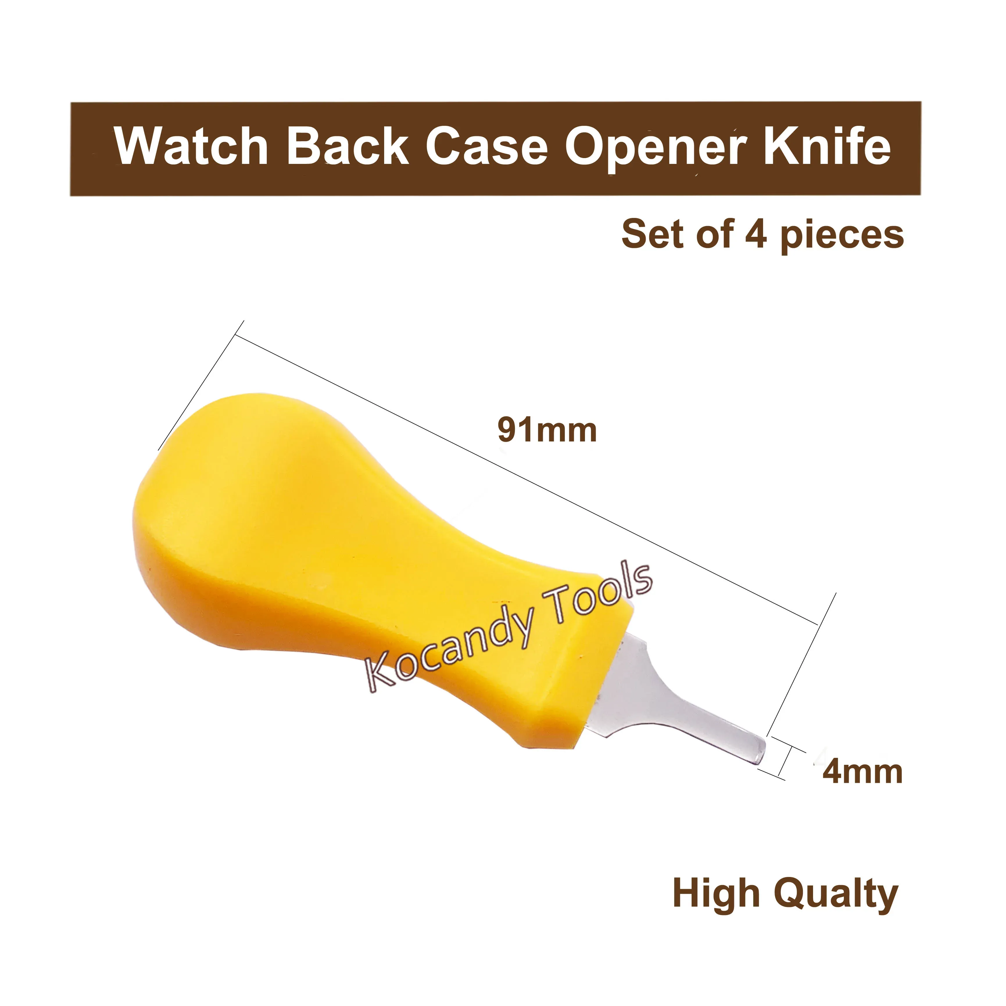 Yellow-handled opener knife with angled blade and a mm measurement