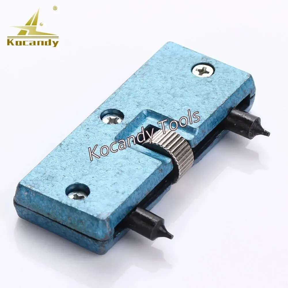 Close-up of the blue rectangular case opener with adjustable jaws