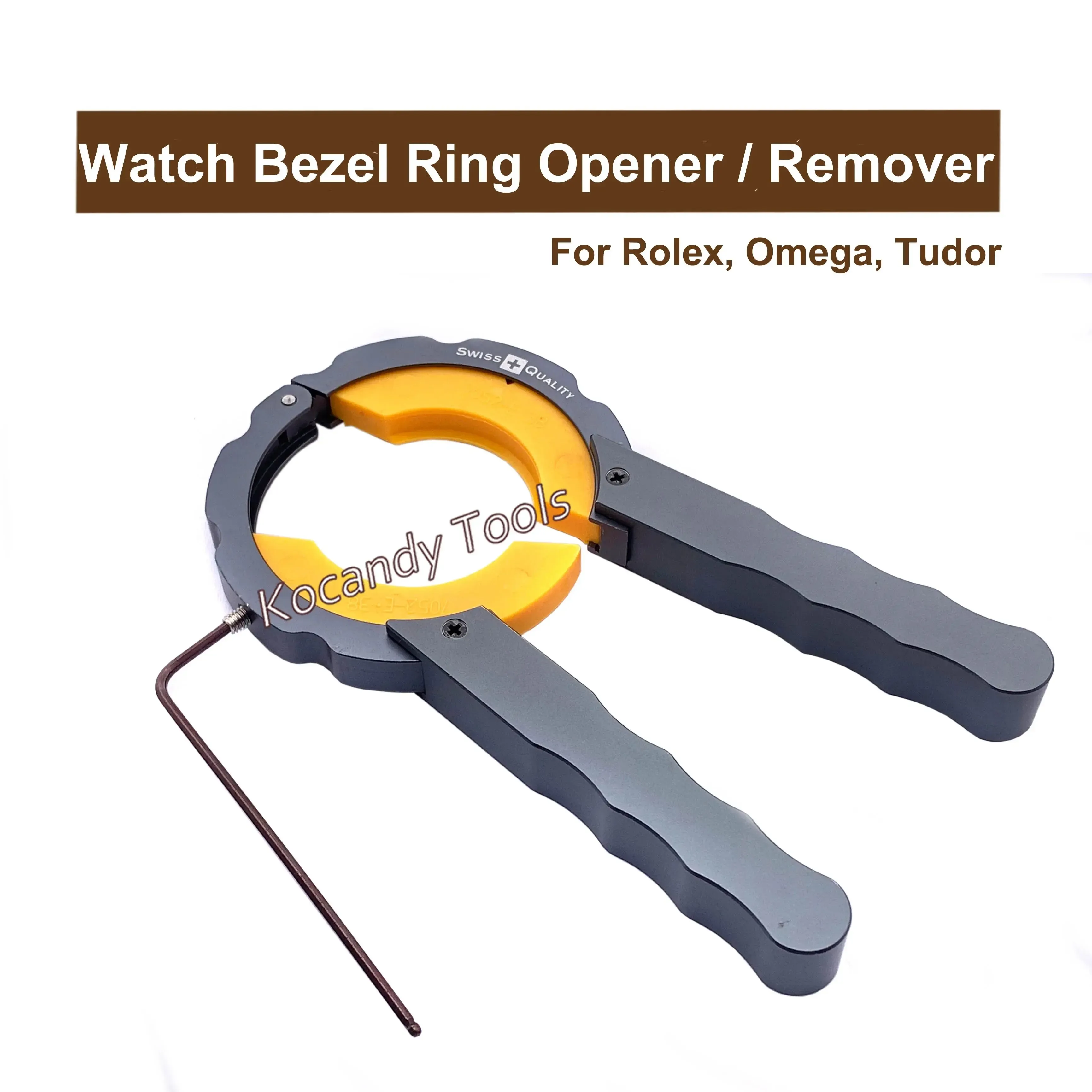 Bezel remover tool shown beside its black adjusting wrench